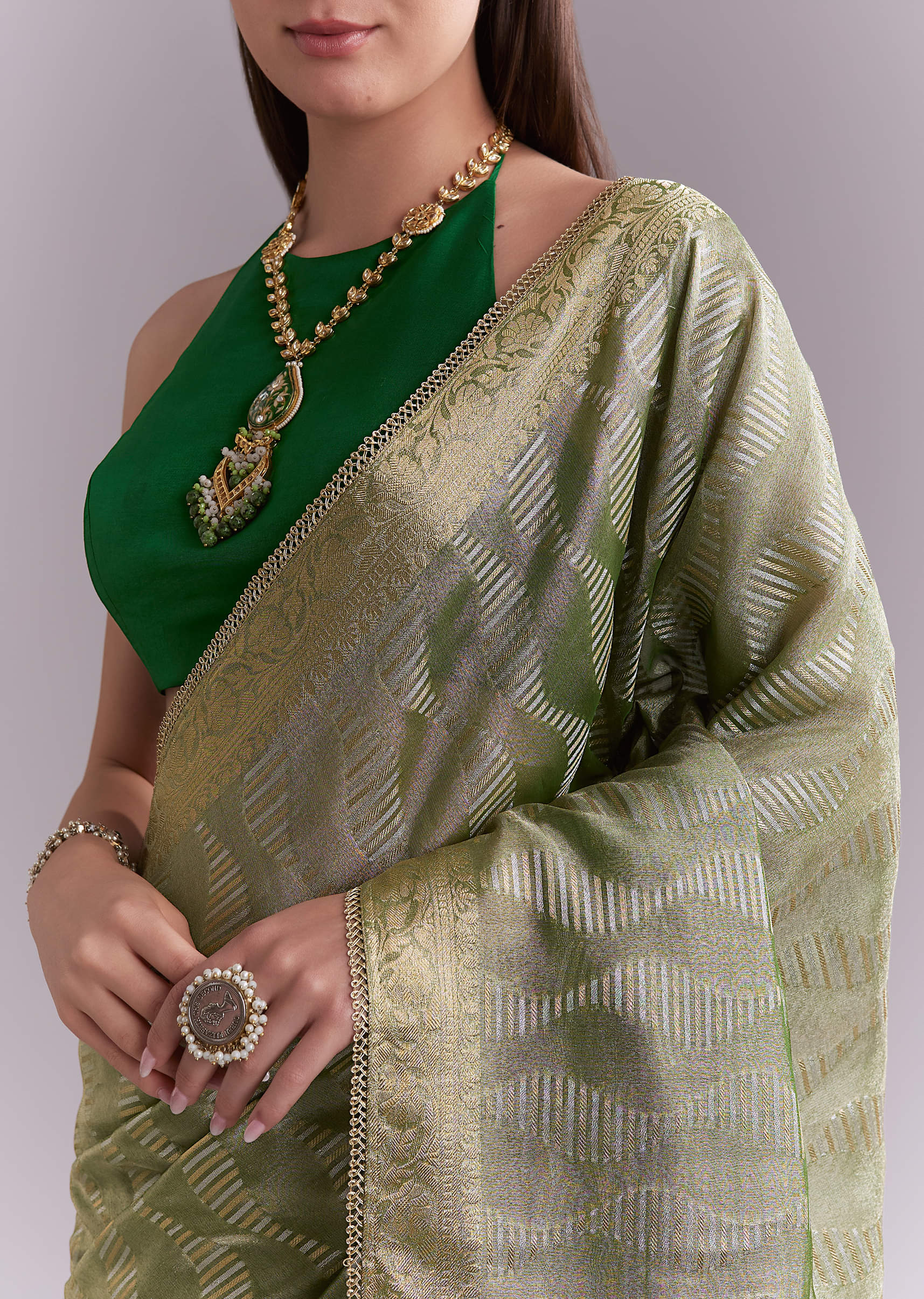 Light Green Tissue Saree With Subtle Weave And Zari Border - Image 2