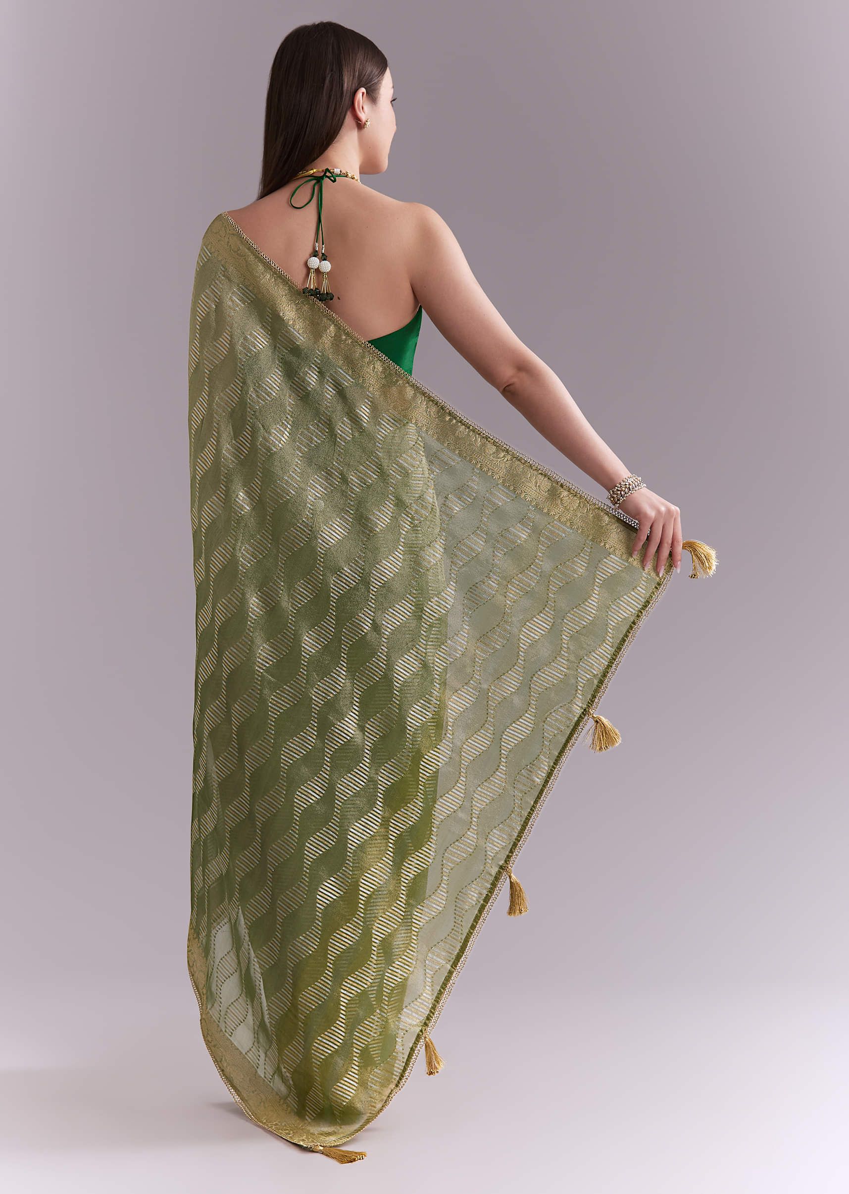 Light Green Tissue Saree With Subtle Weave And Zari Border - Image 4