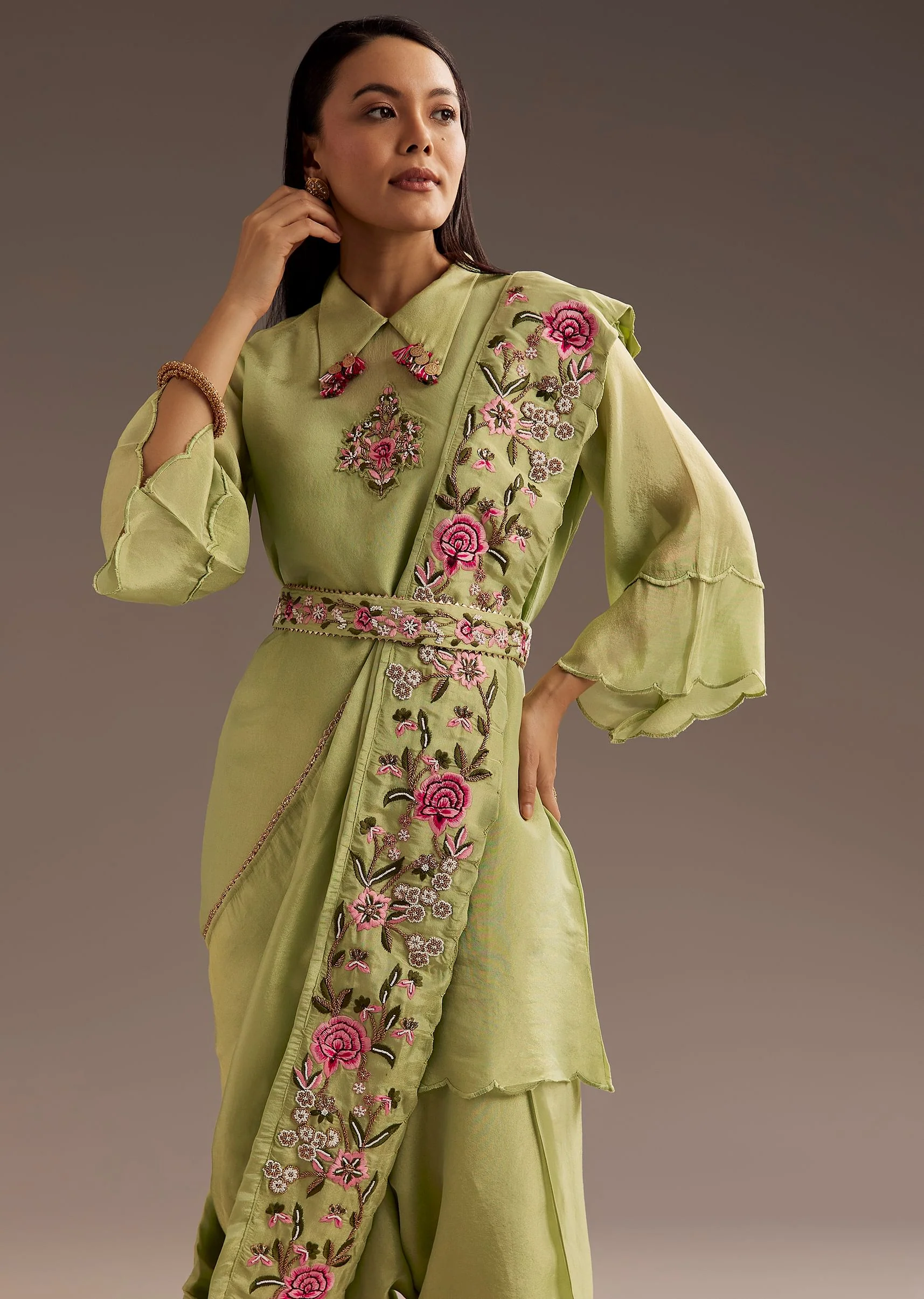 Light Green Zardosi Motif Kurta Dupatta Belt Set - Image 4
