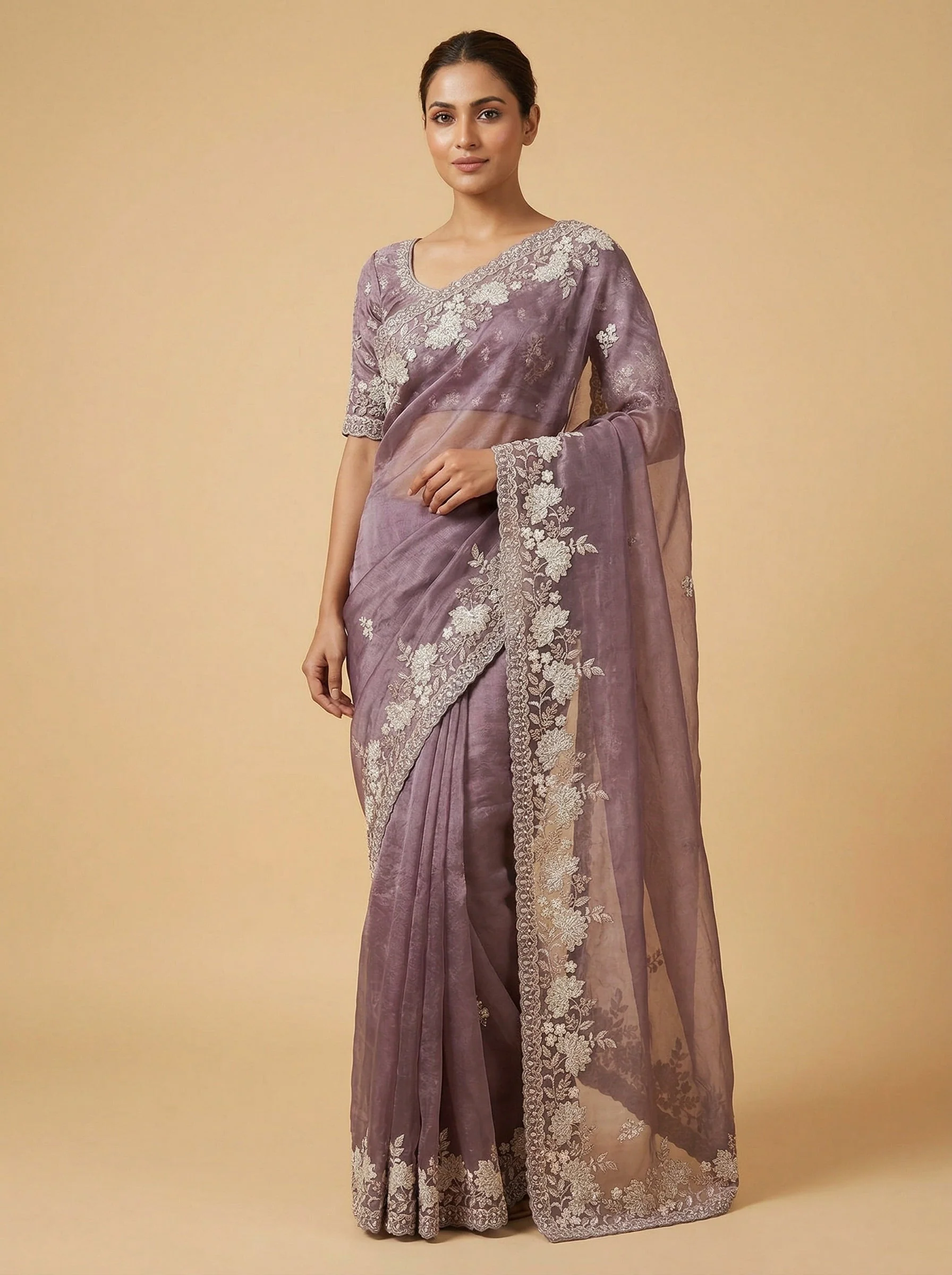 Light Lavender Crisp Embroidered Saree