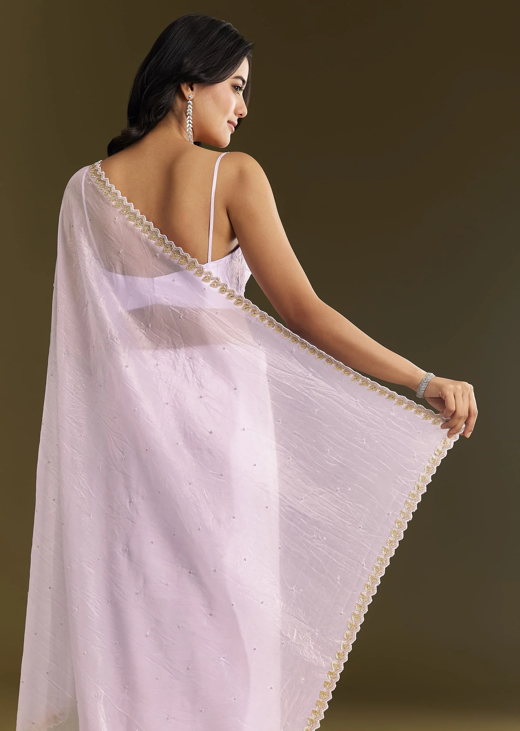 Light Lavender Tissue Saree With Cutdana Beads Embroidery And Scallop Border - Image 4