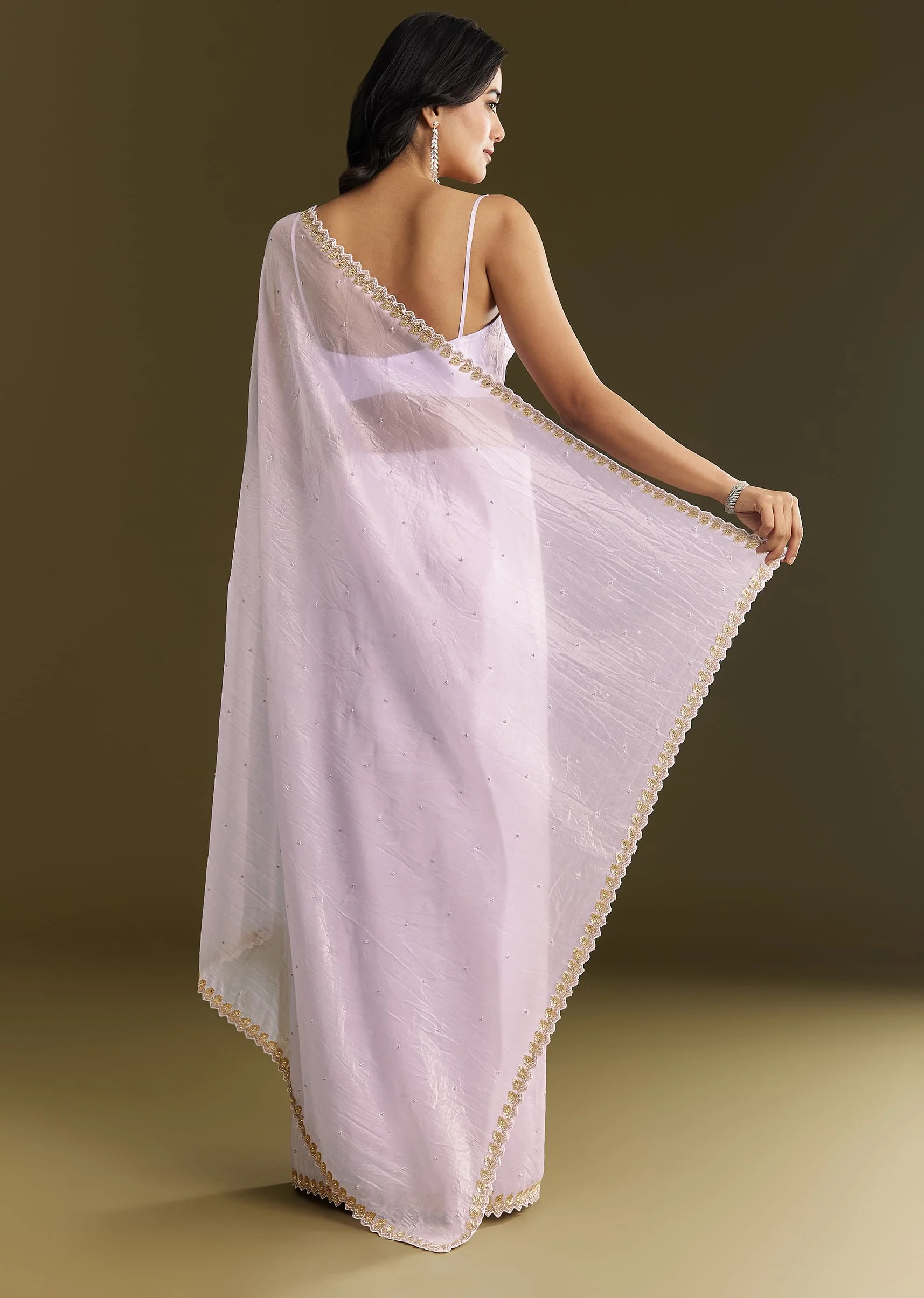 Light Lavender Tissue Saree With Cutdana Beads Embroidery And Scallop Border - Image 6