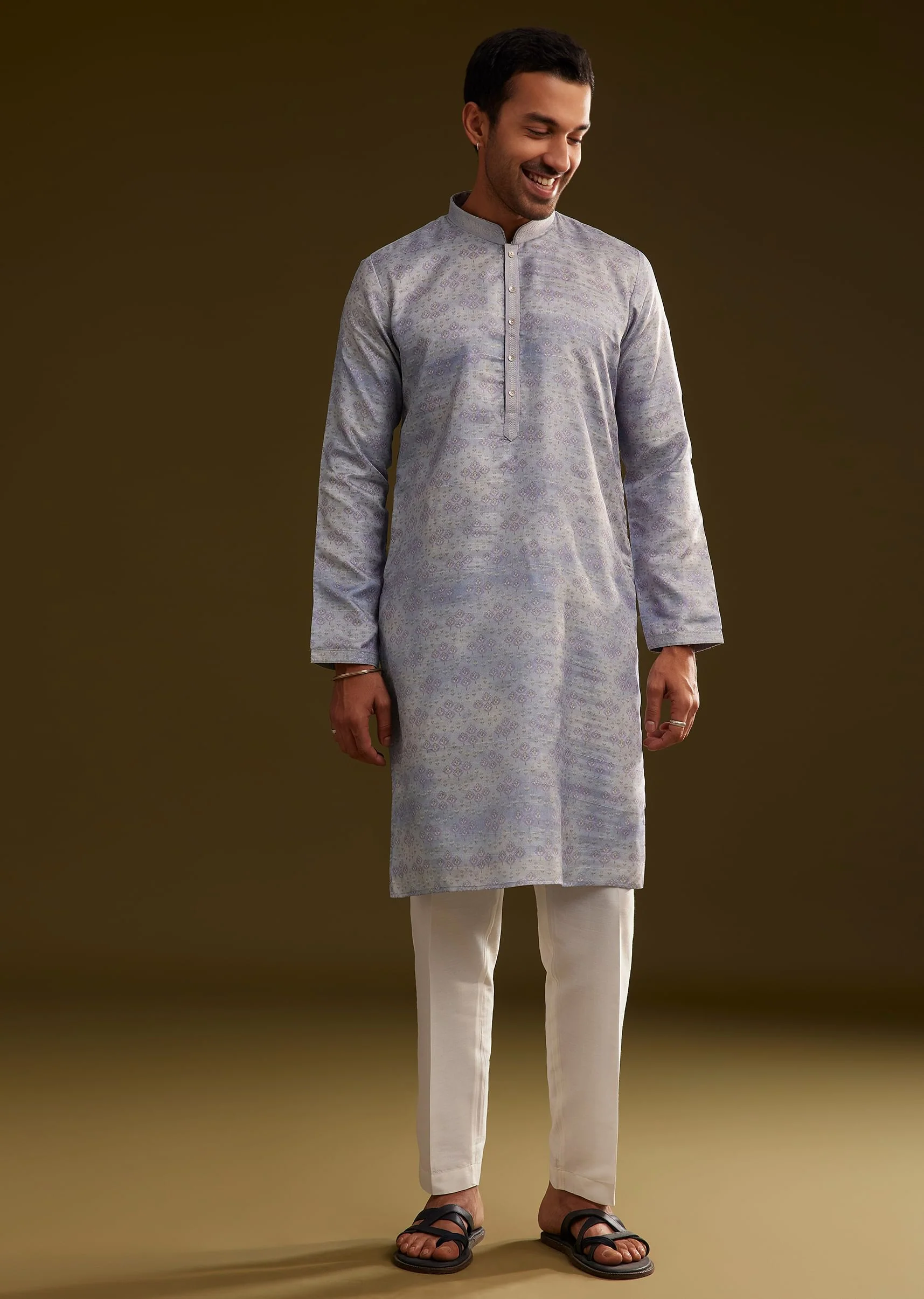 Light Lilac Silk Geometric Printed Kurta Set - Image 2