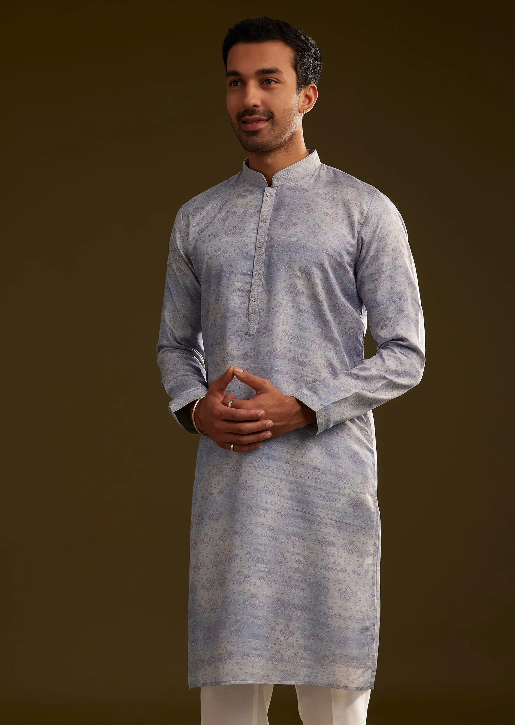 Light Lilac Silk Geometric Printed Kurta Set - Image 3