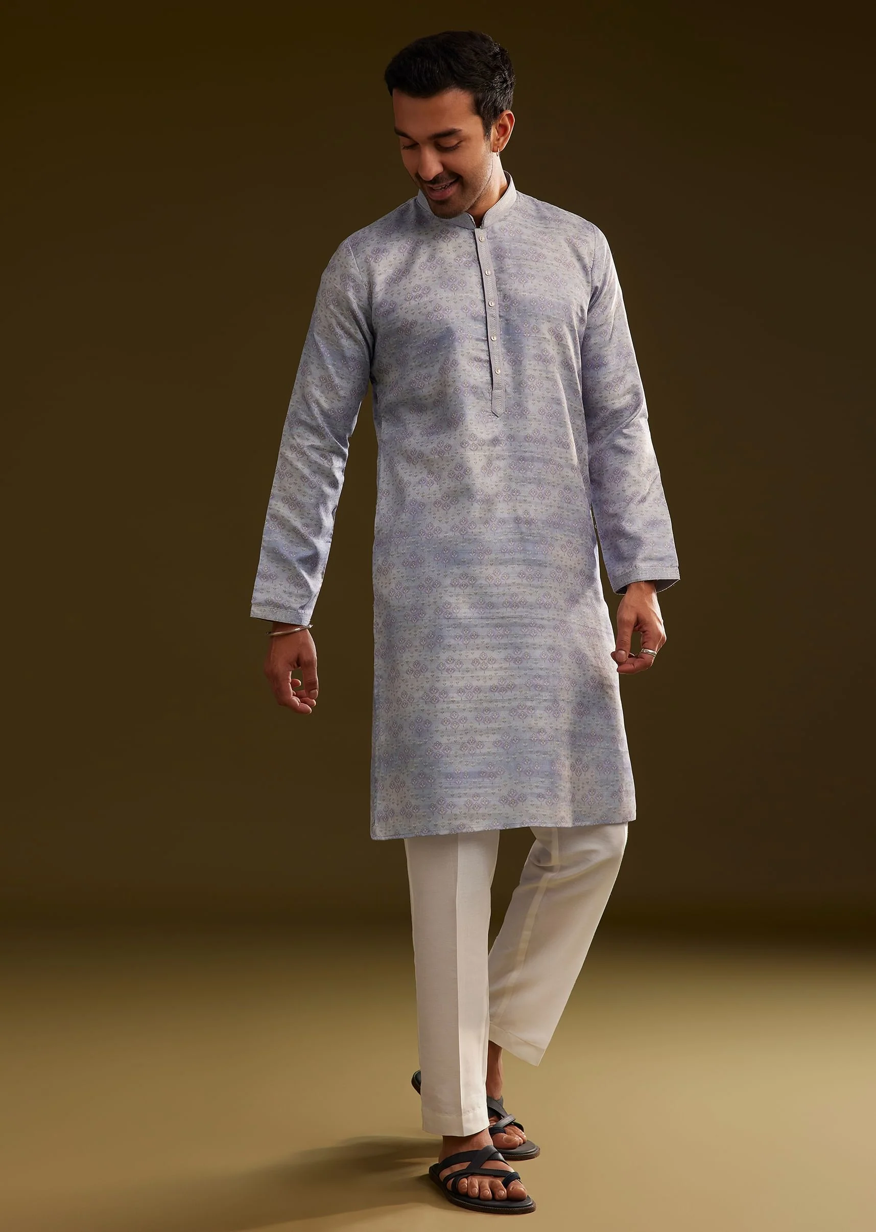 Light Lilac Silk Geometric Printed Kurta Set - Image 4