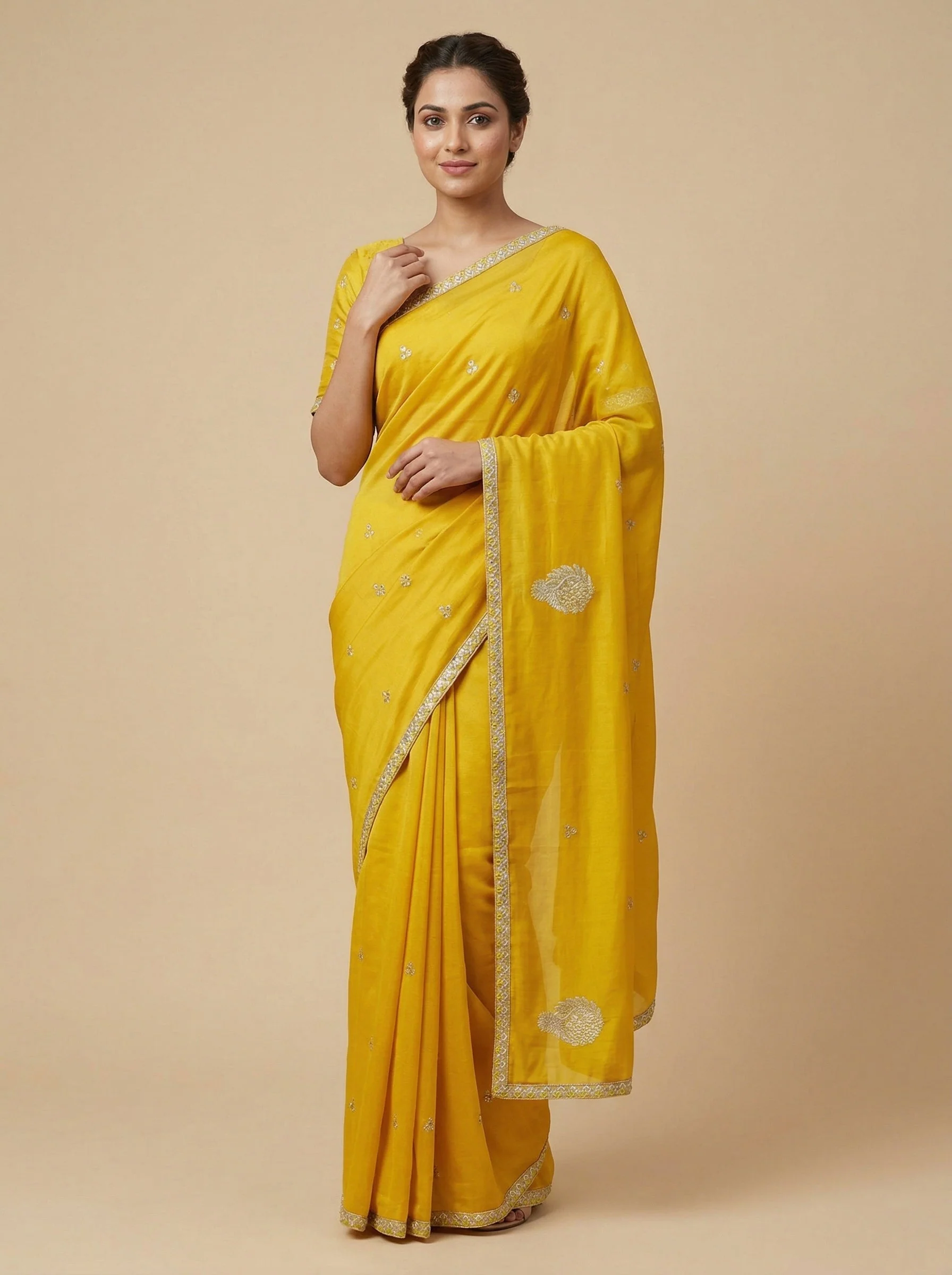 Light Mustard Embroidered Saree