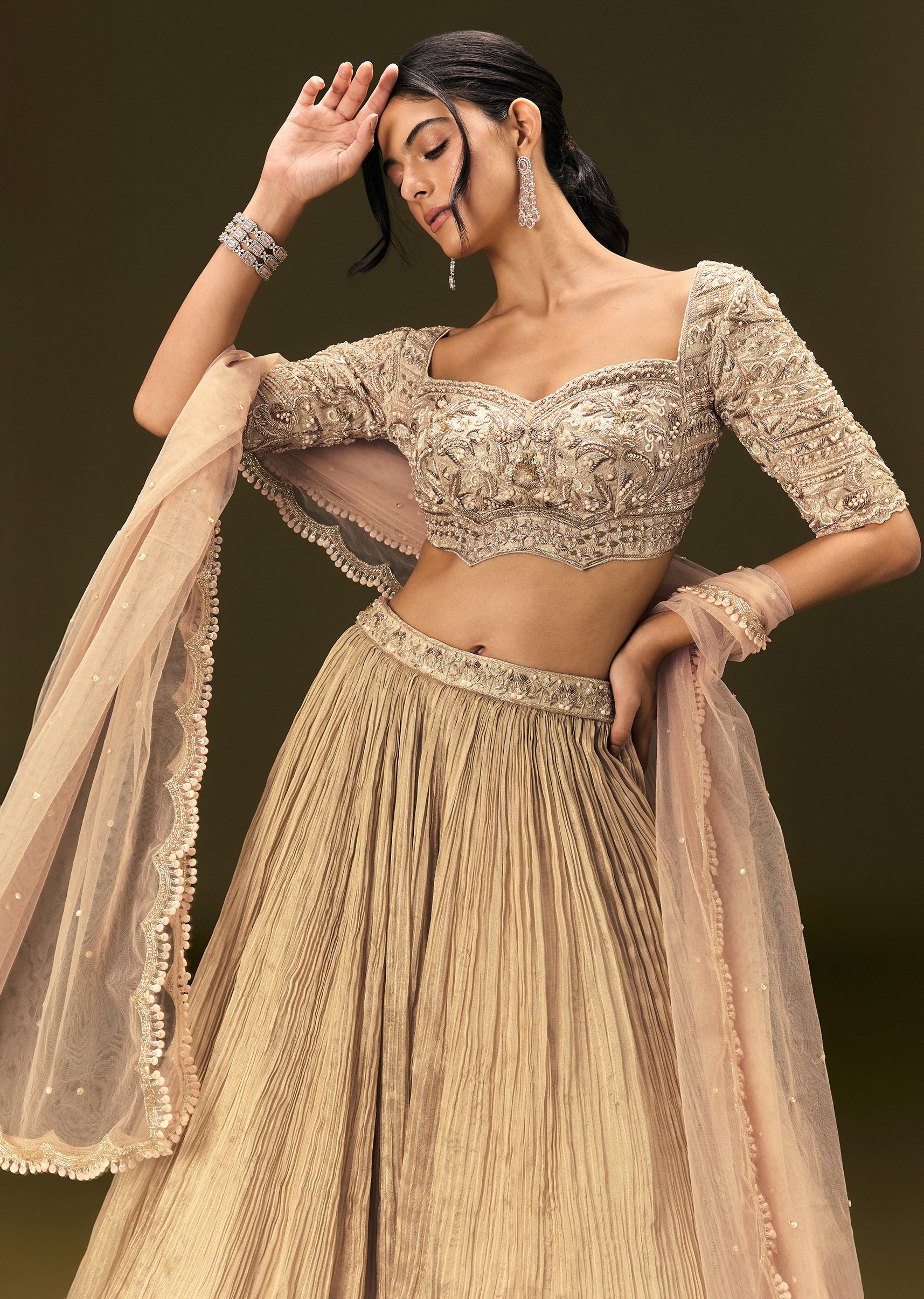 Light Peach Banarasi Silk Lehenga Dupatta With Embroidered Blouse - Image 3