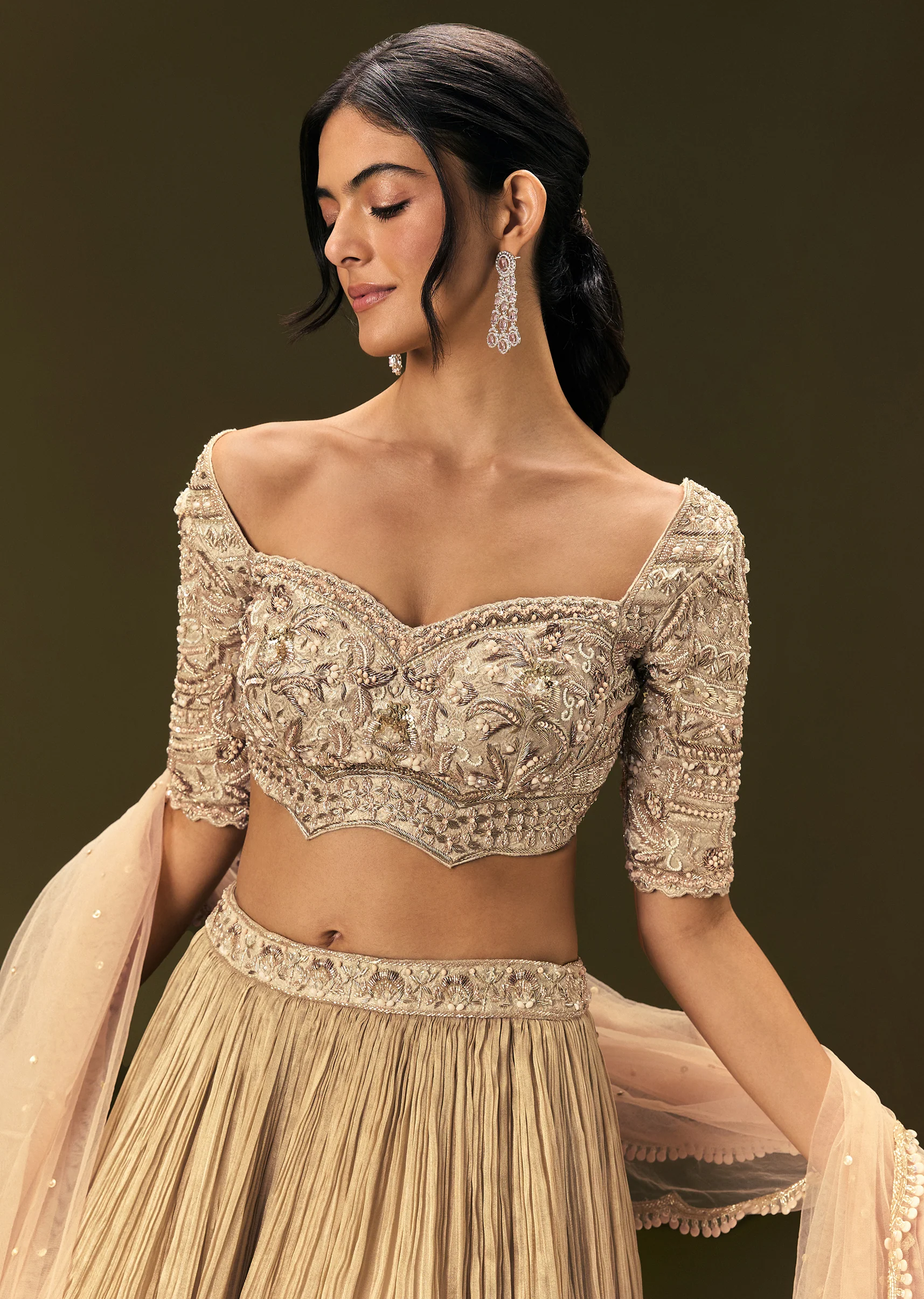 Light Peach Banarasi Silk Lehenga Dupatta With Embroidered Blouse - Image 4