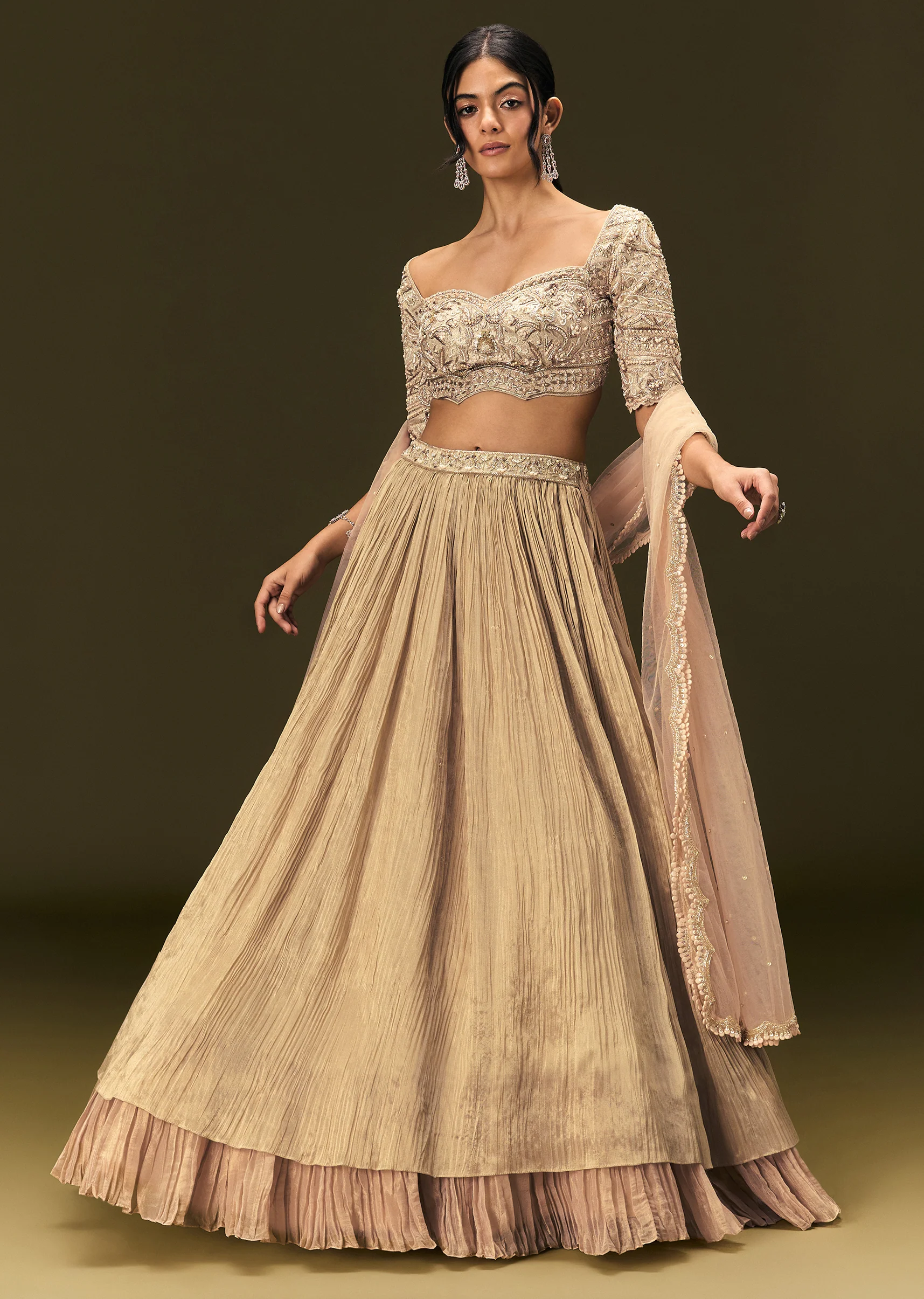 Light Peach Banarasi Silk Lehenga Dupatta With Embroidered Blouse - Image 5
