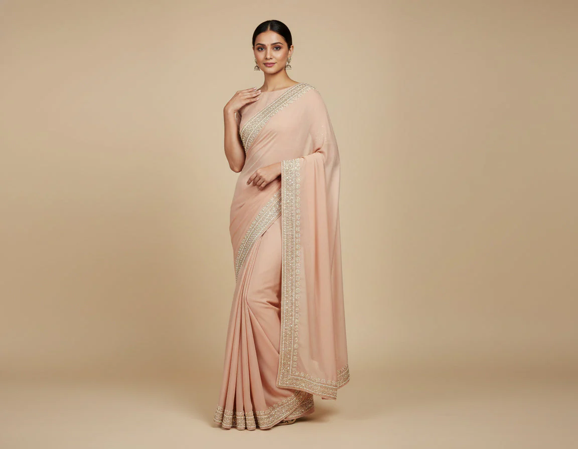 Light Peach Polished Embroidered Saree