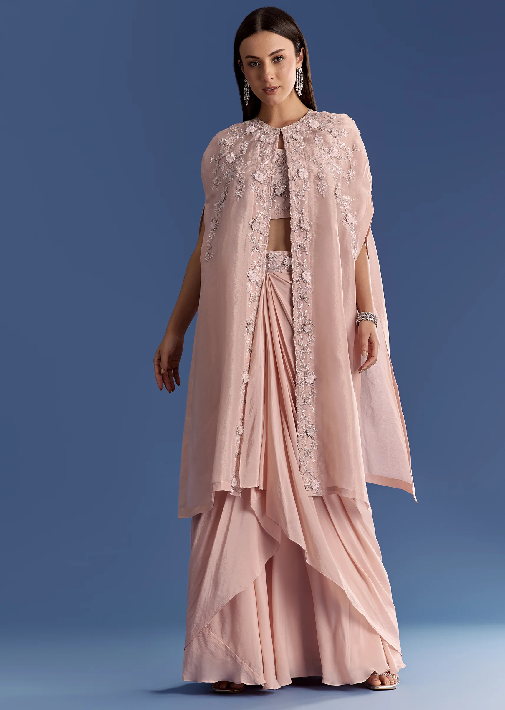 Light Peach Tissue Cape Set With Embroidered Croptop And Skirt - Image 4