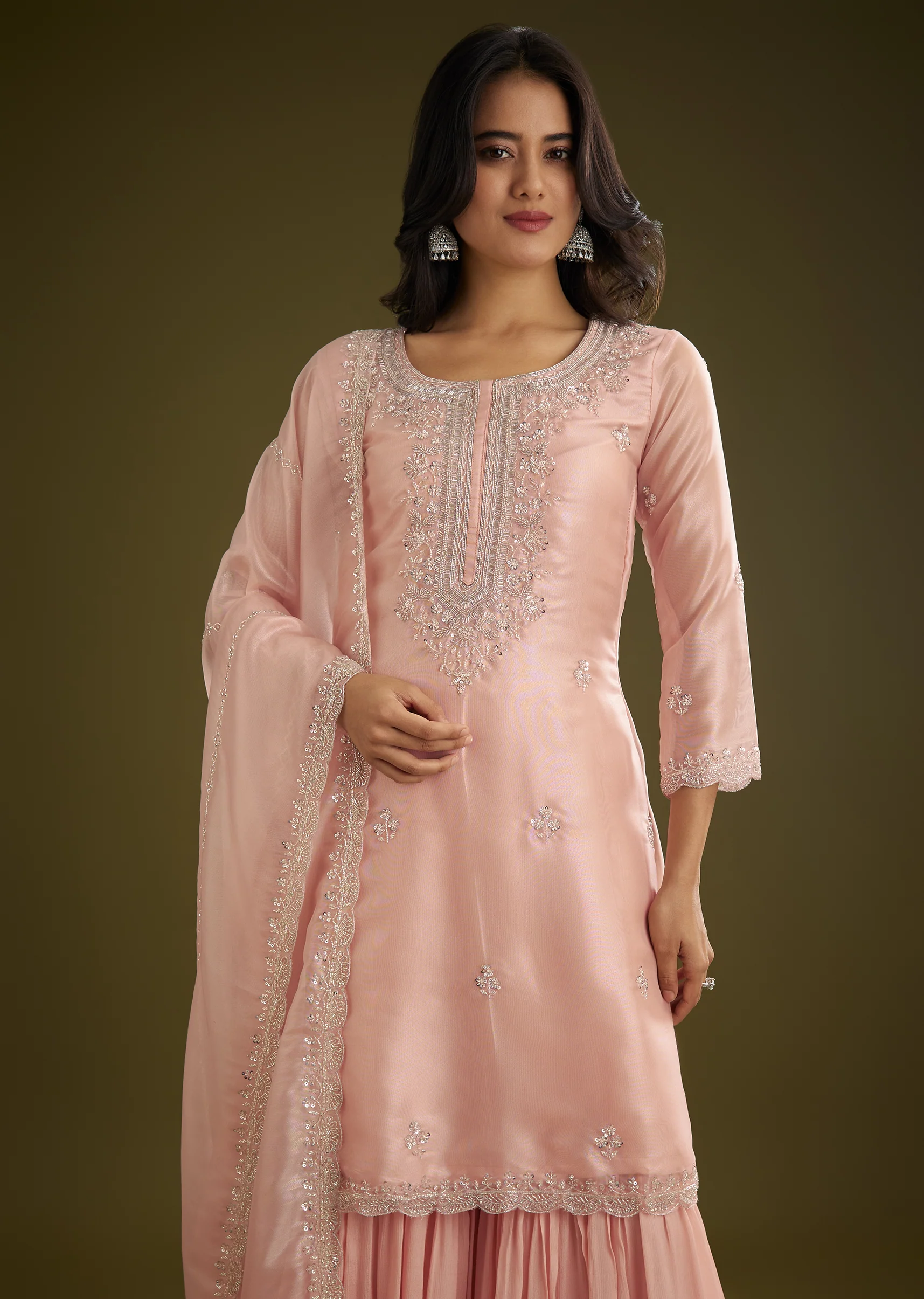Light Peach Tissue Cut Dana Beads Kurta Set With Embroidered Dupatta - Image 2
