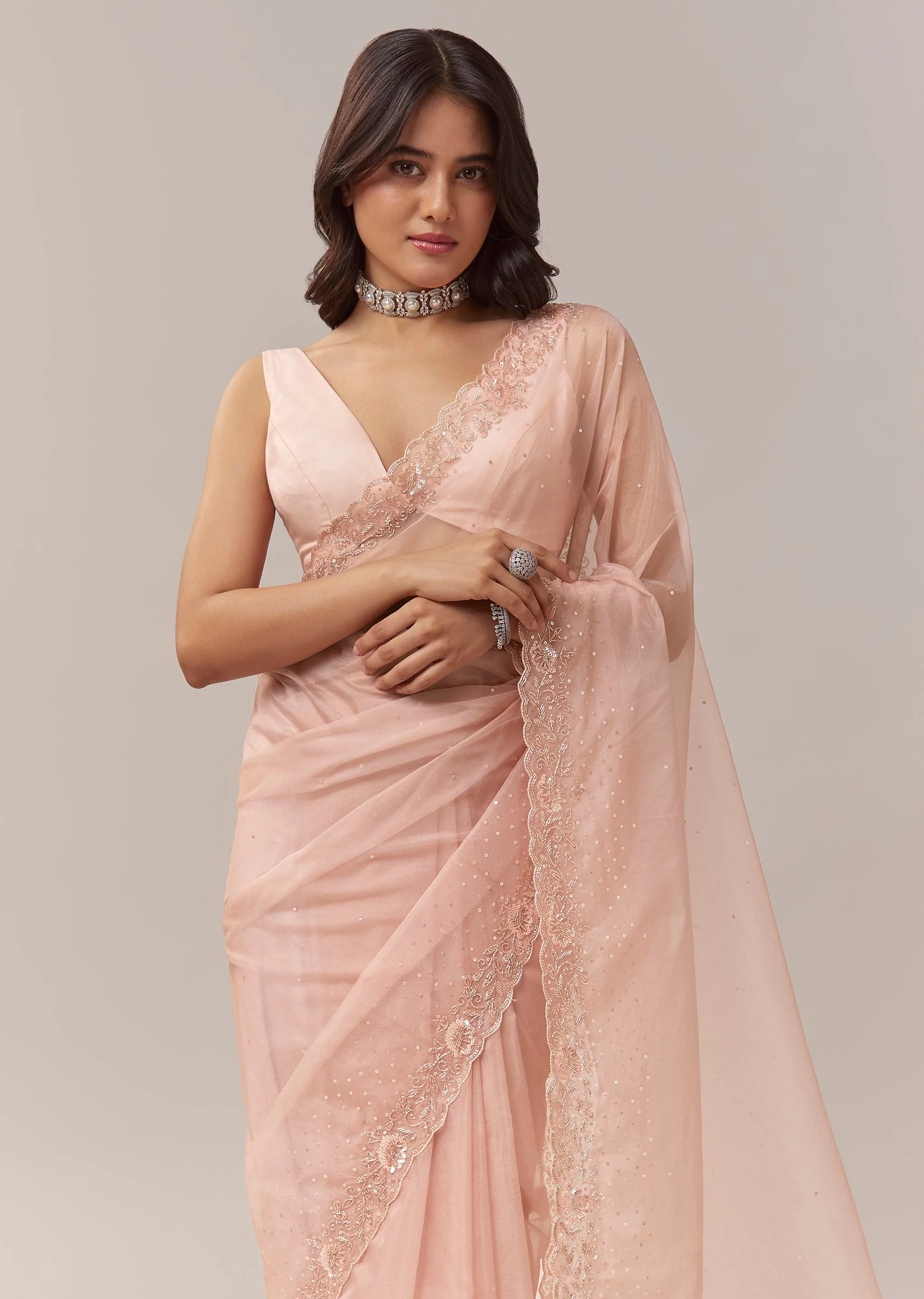 Light Peach Tissue Saree With Floral Embroidery And Sequin Detailing - Image 5