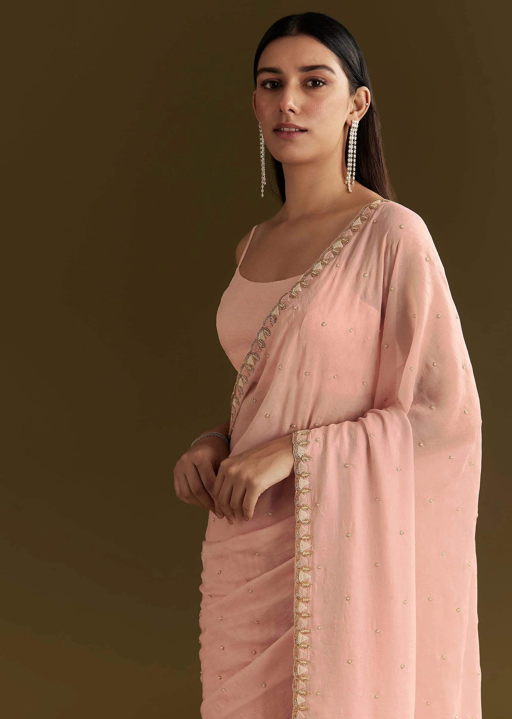 Light Peach Tissue Silk Saree With Stone Embellishments - Image 2