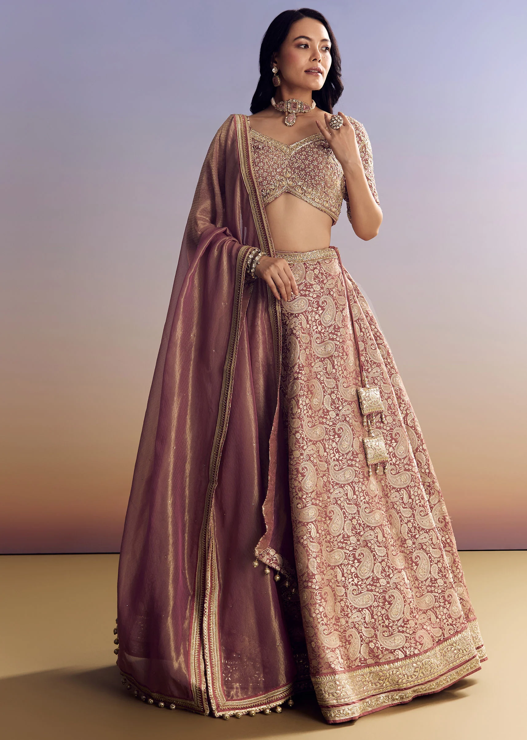 Light Pink Banarasi Silk Lehenga Set With Embroidered Choli - Image 4