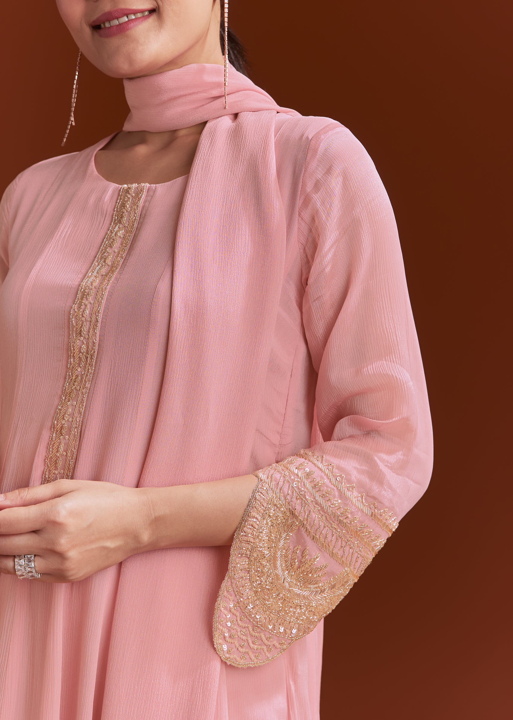 Light Pink Chinon Anarkali Suit With Cut Dana And Beads Work - Image 3