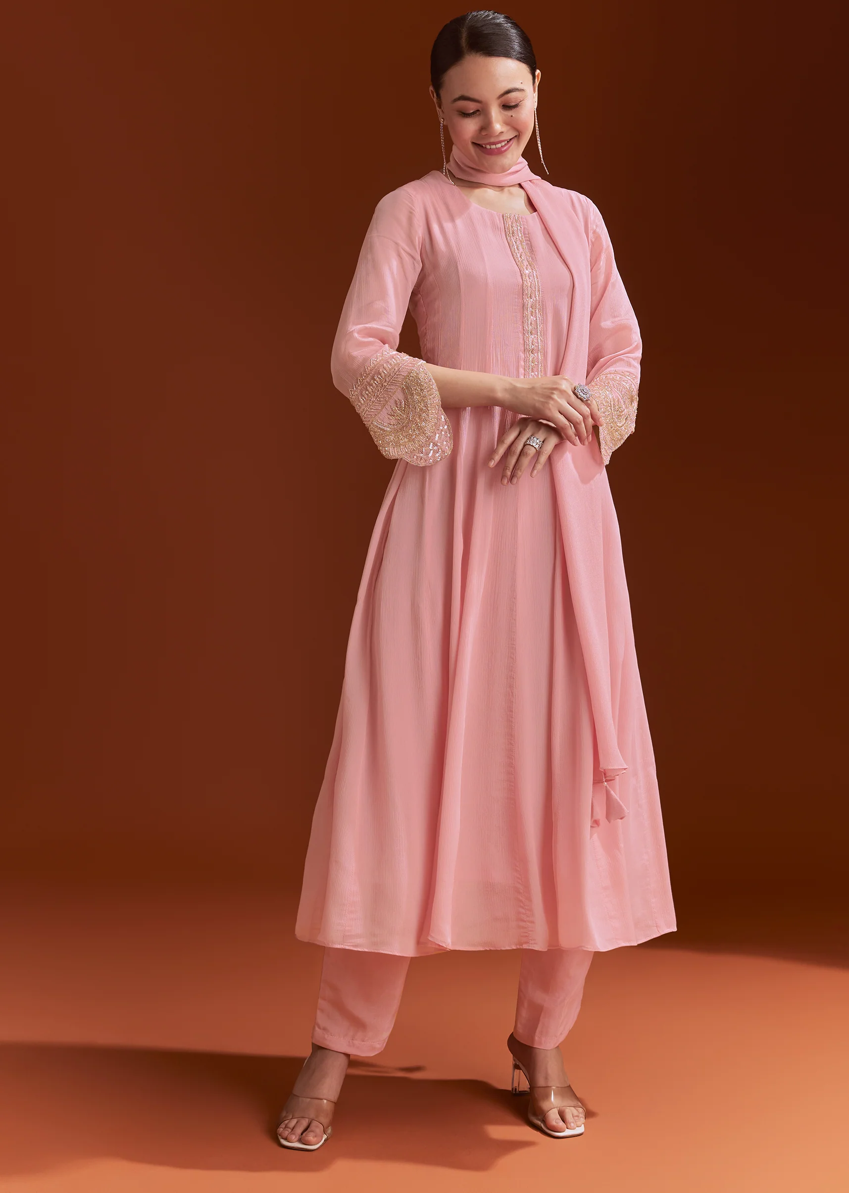 Light Pink Chinon Anarkali Suit With Cut Dana And Beads Work - Image 4