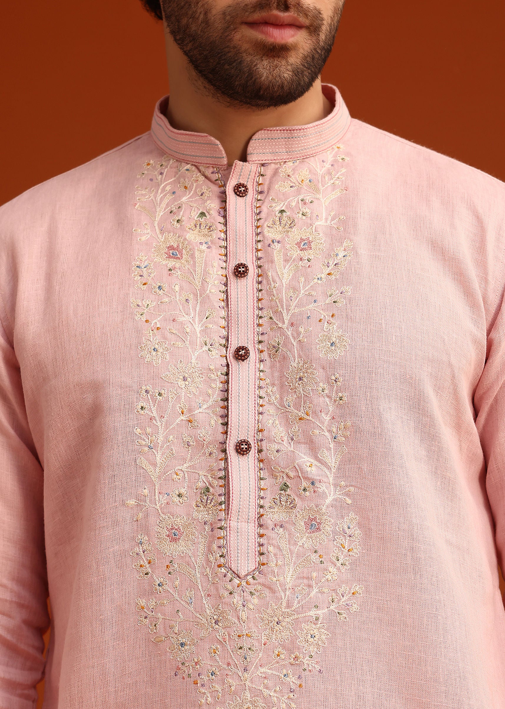 Light Pink Floral Thread Embroidered Kurta And Pant Set