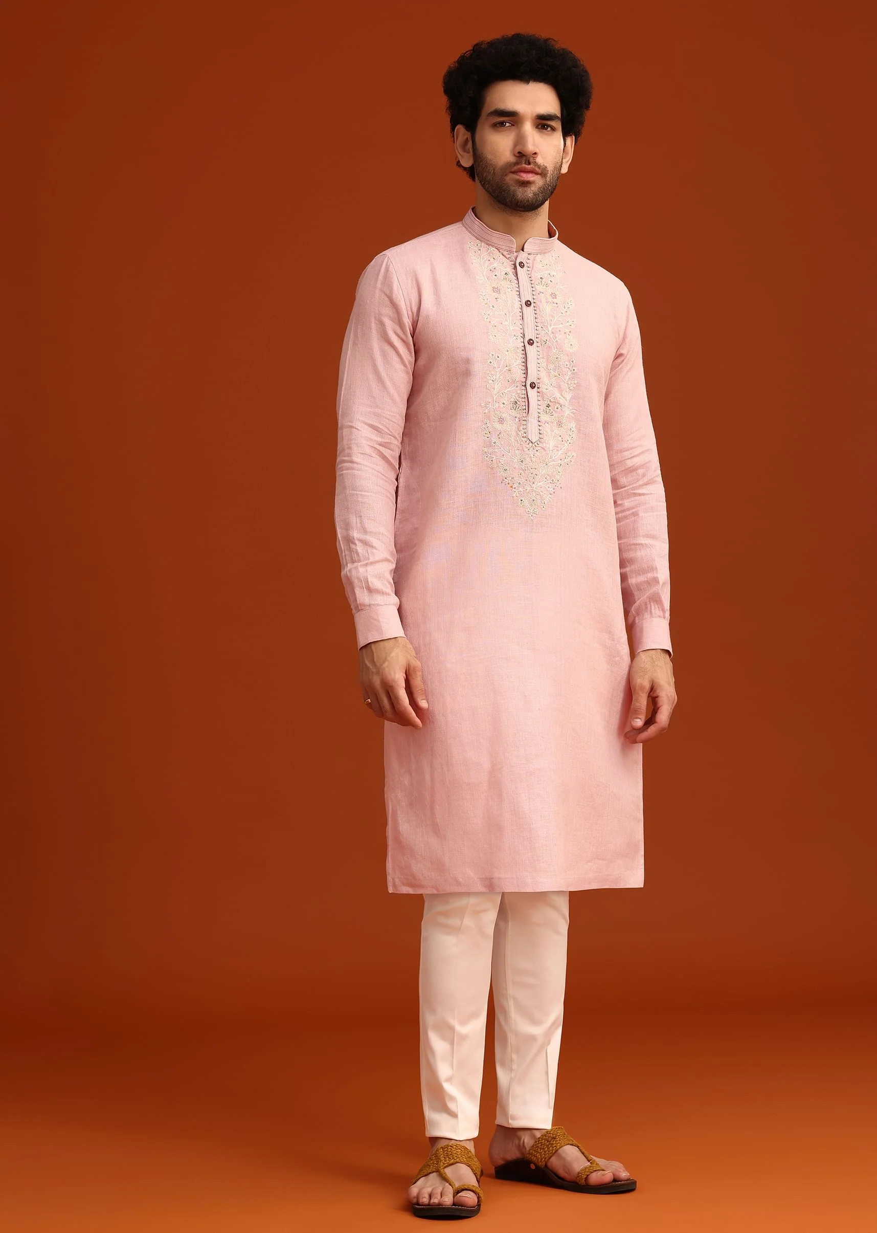 Light Pink Floral Thread Embroidered Kurta And Pant Set - Image 2