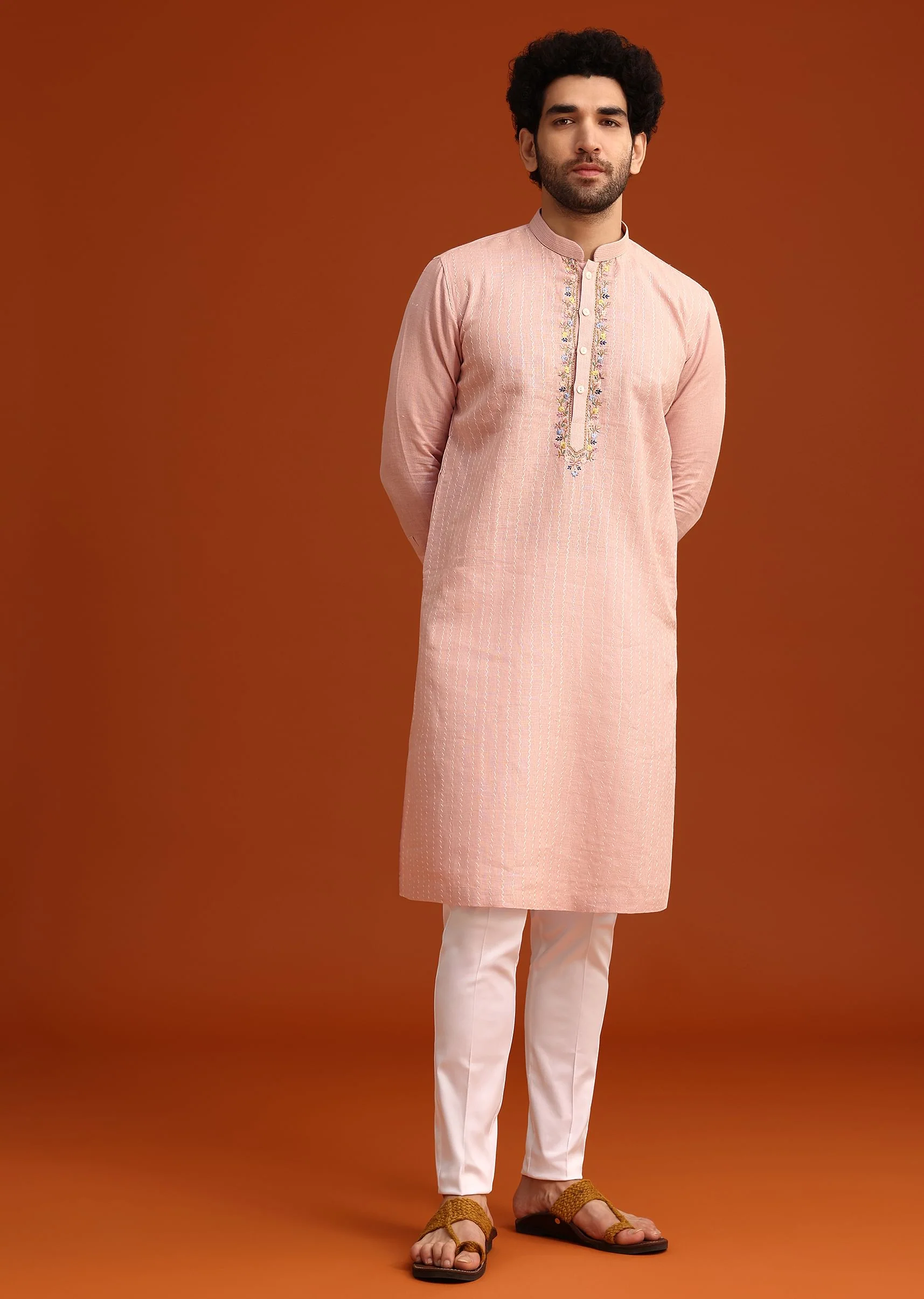 Light Pink Hand Embroidered Kurta And Pant Set - Image 2