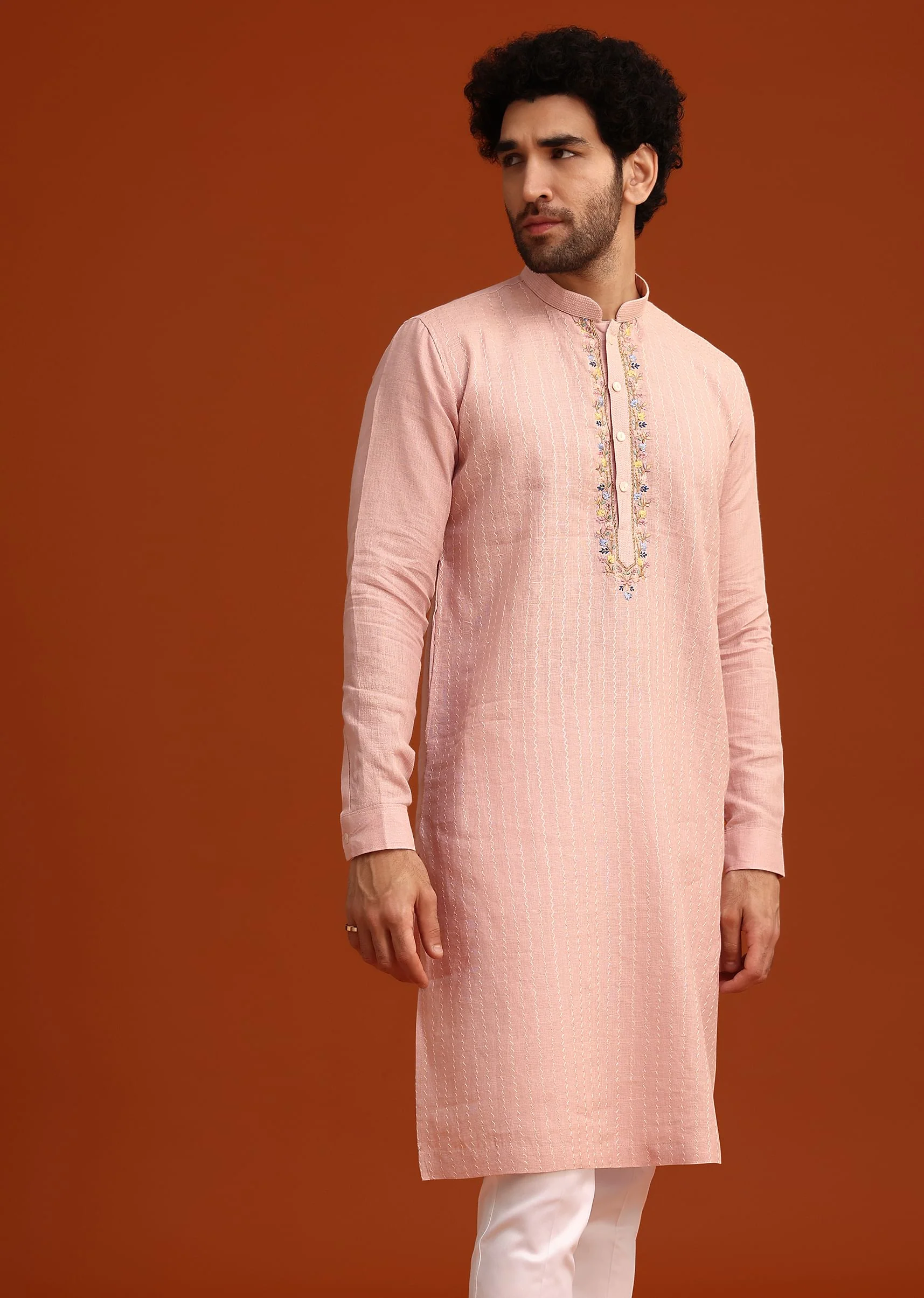 Light Pink Hand Embroidered Kurta And Pant Set - Image 3