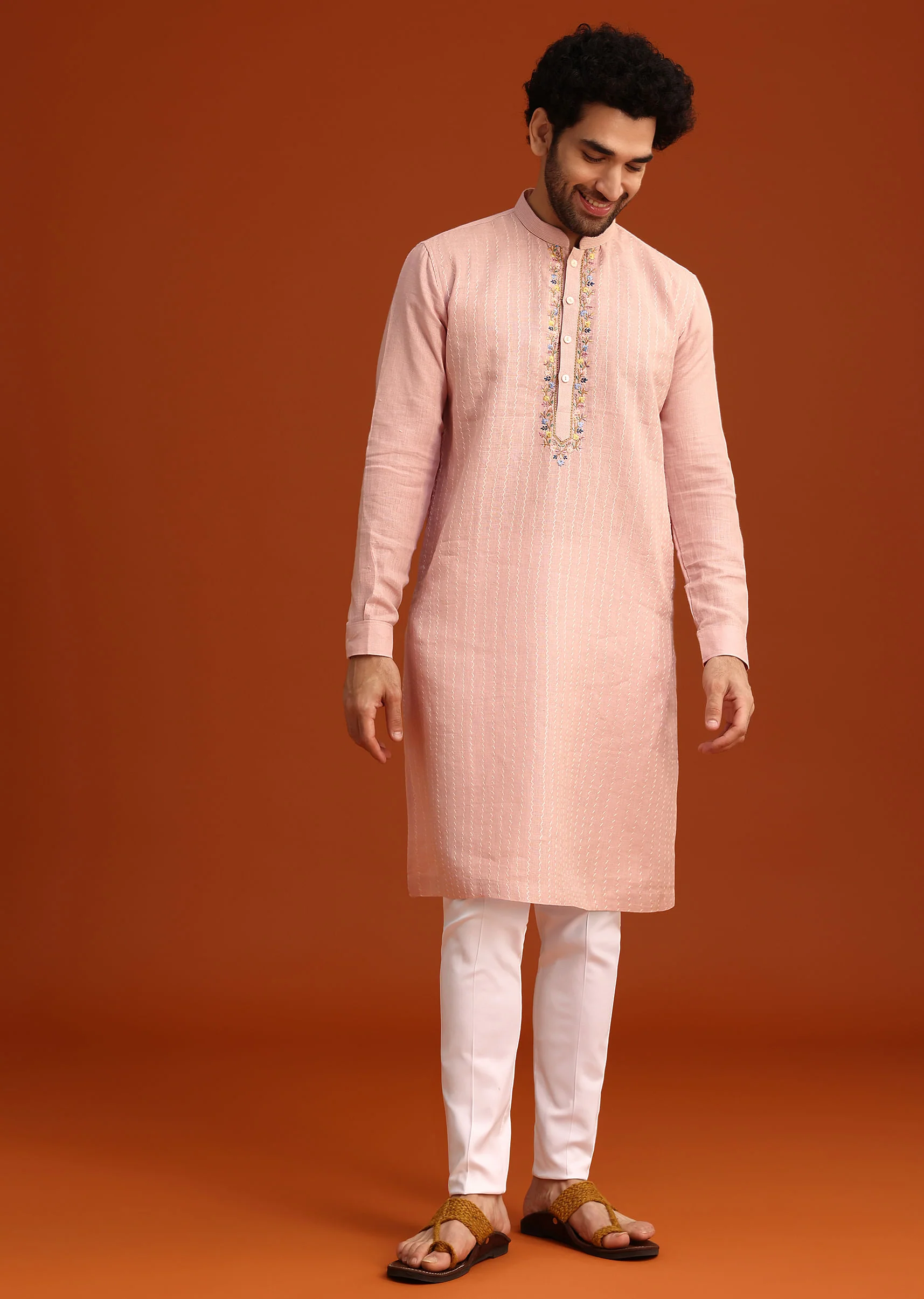 Light Pink Hand Embroidered Kurta And Pant Set - Image 4
