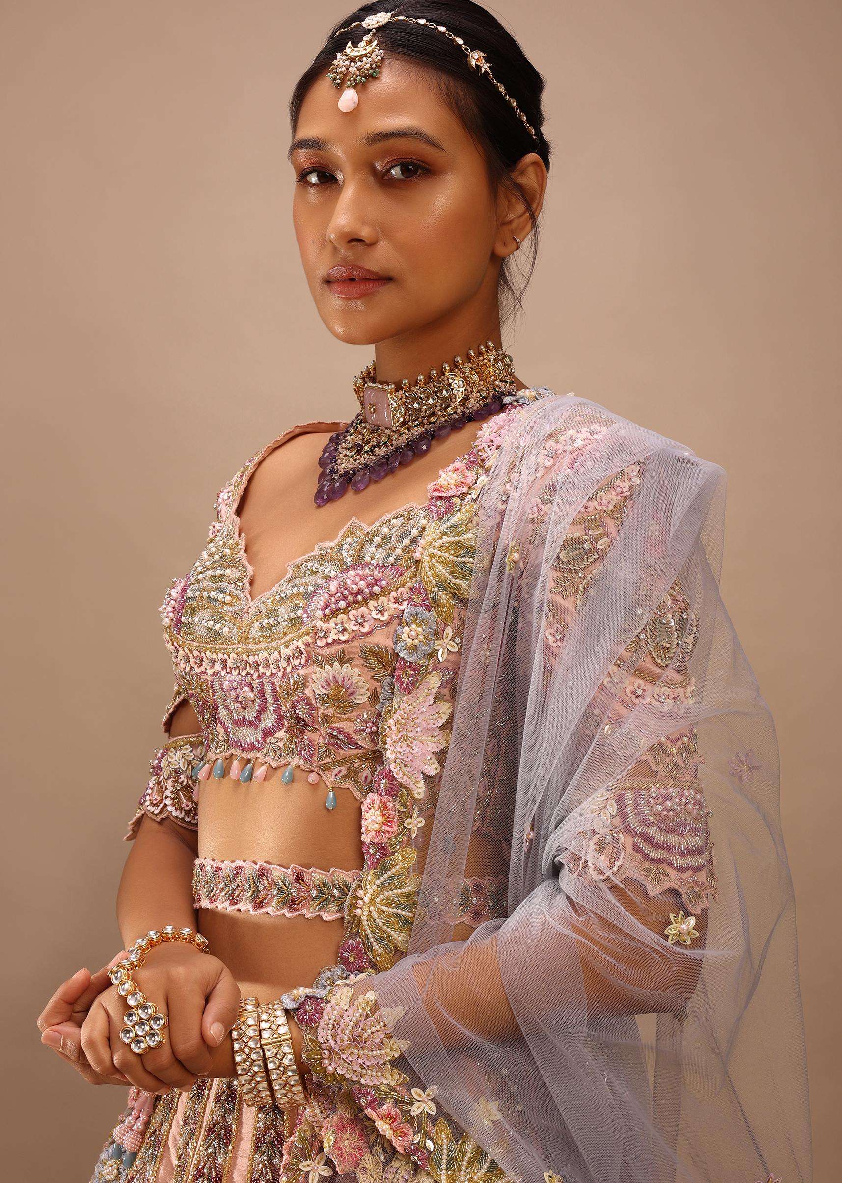 Light Pink Lehenga Set With A Choli In Moti Embroidery, Crop Top Comes In Half Sleeves With Cut Work - Image 5
