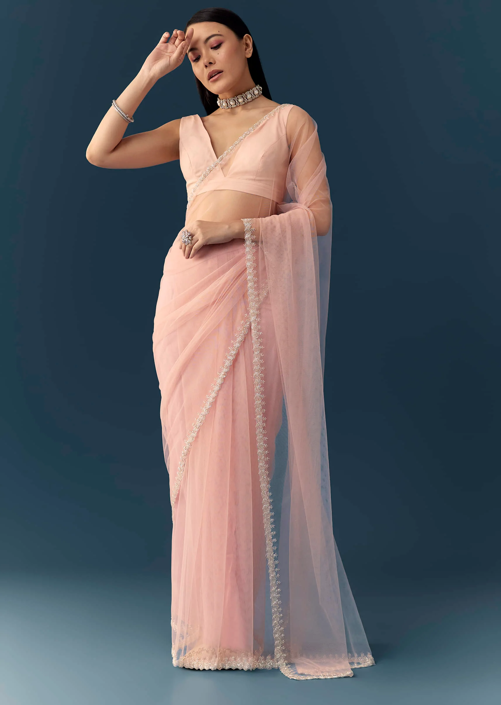 Light Pink Net Saree with Zigzag Cutwork and Unstitched Blouse