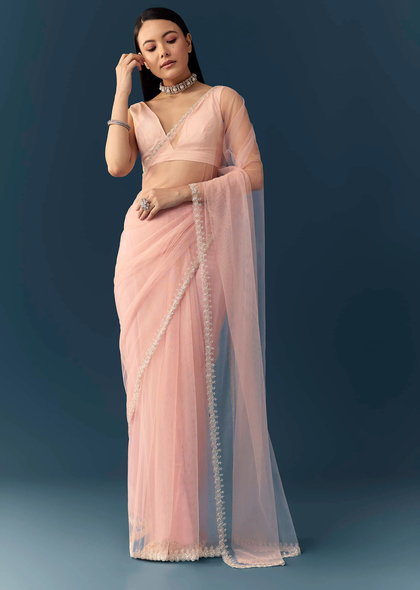 Light Pink Net Saree with Zigzag Cutwork and Unstitched Blouse - Image 3