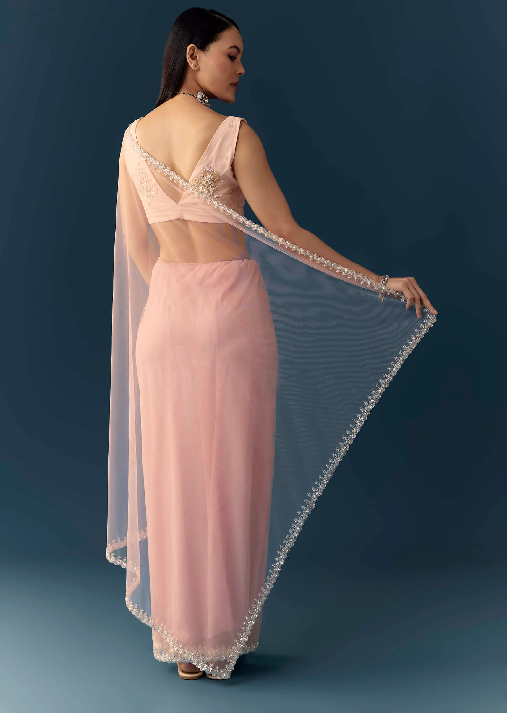 Light Pink Net Saree with Zigzag Cutwork and Unstitched Blouse - Image 4