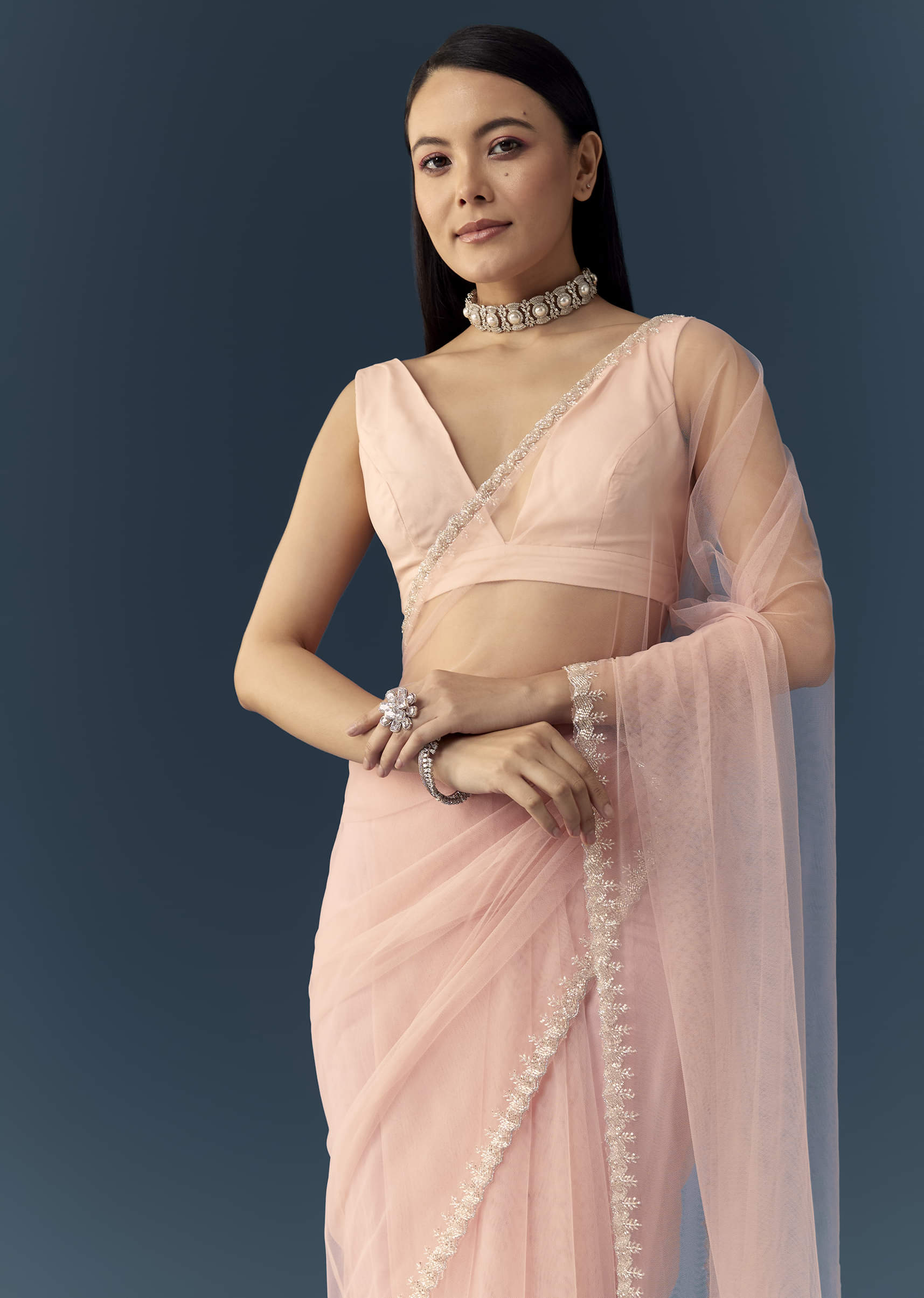 Light Pink Net Saree with Zigzag Cutwork and Unstitched Blouse - Image 5