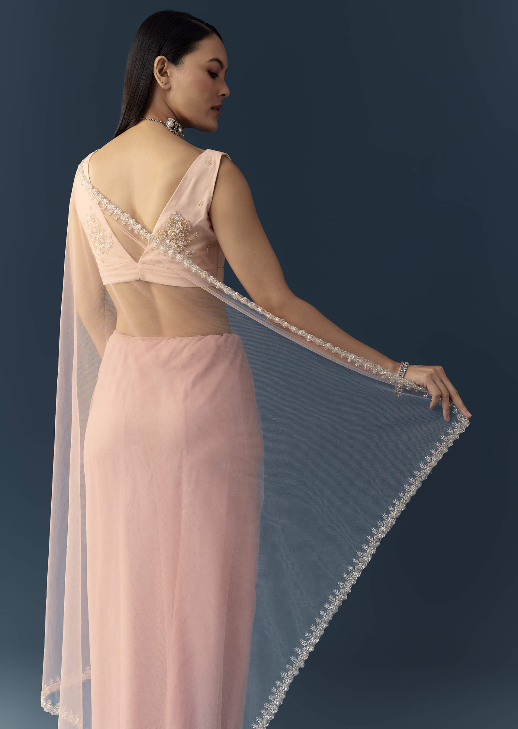 Light Pink Net Saree with Zigzag Cutwork and Unstitched Blouse - Image 6