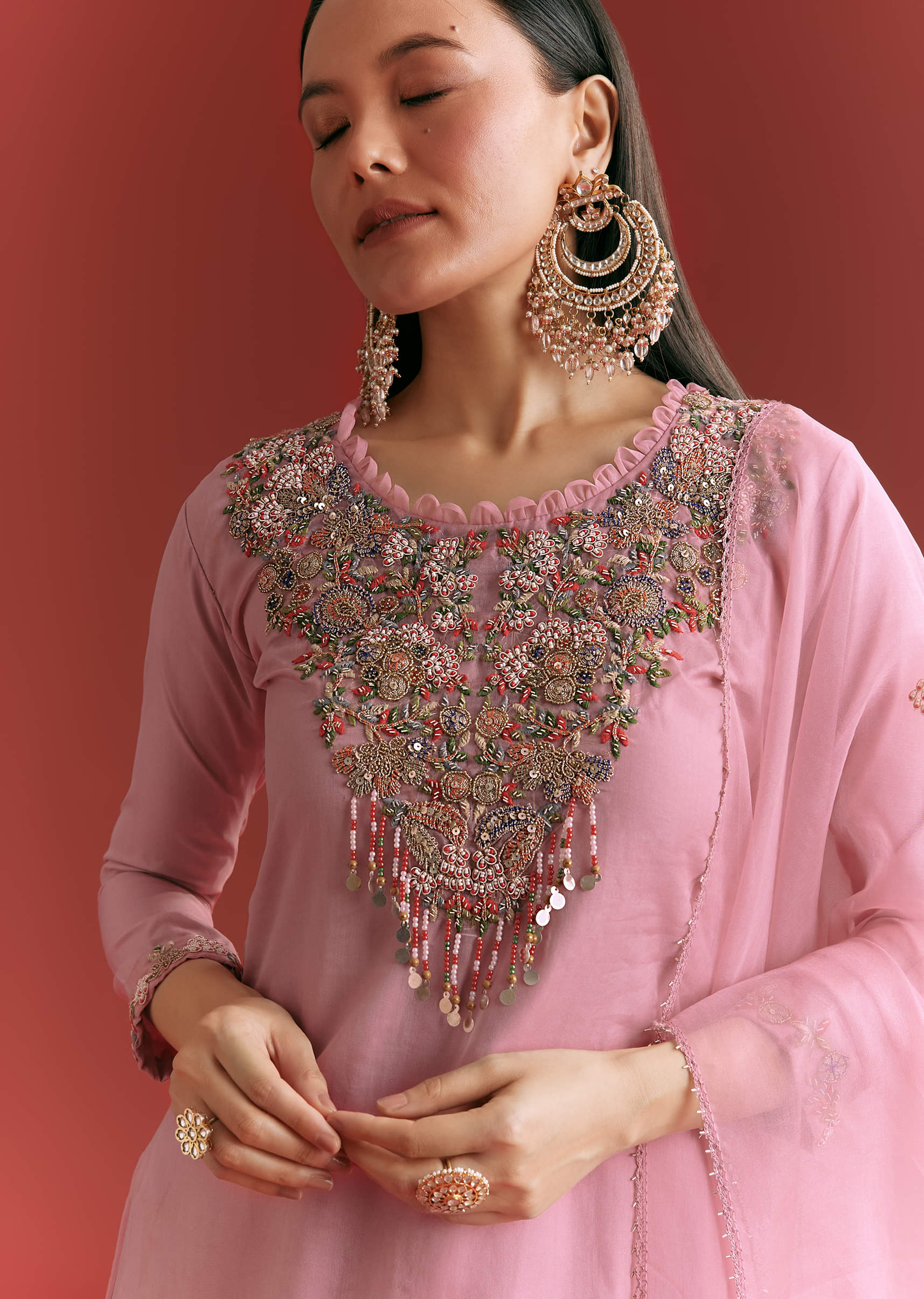 Light Pink Organza Kurta Sharara Suit With Embroidery - Image 2