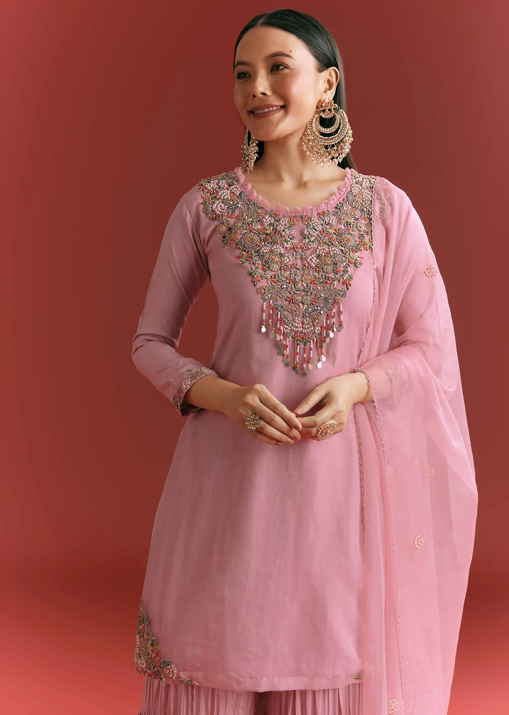 Light Pink Organza Kurta Sharara Suit With Embroidery - Image 4
