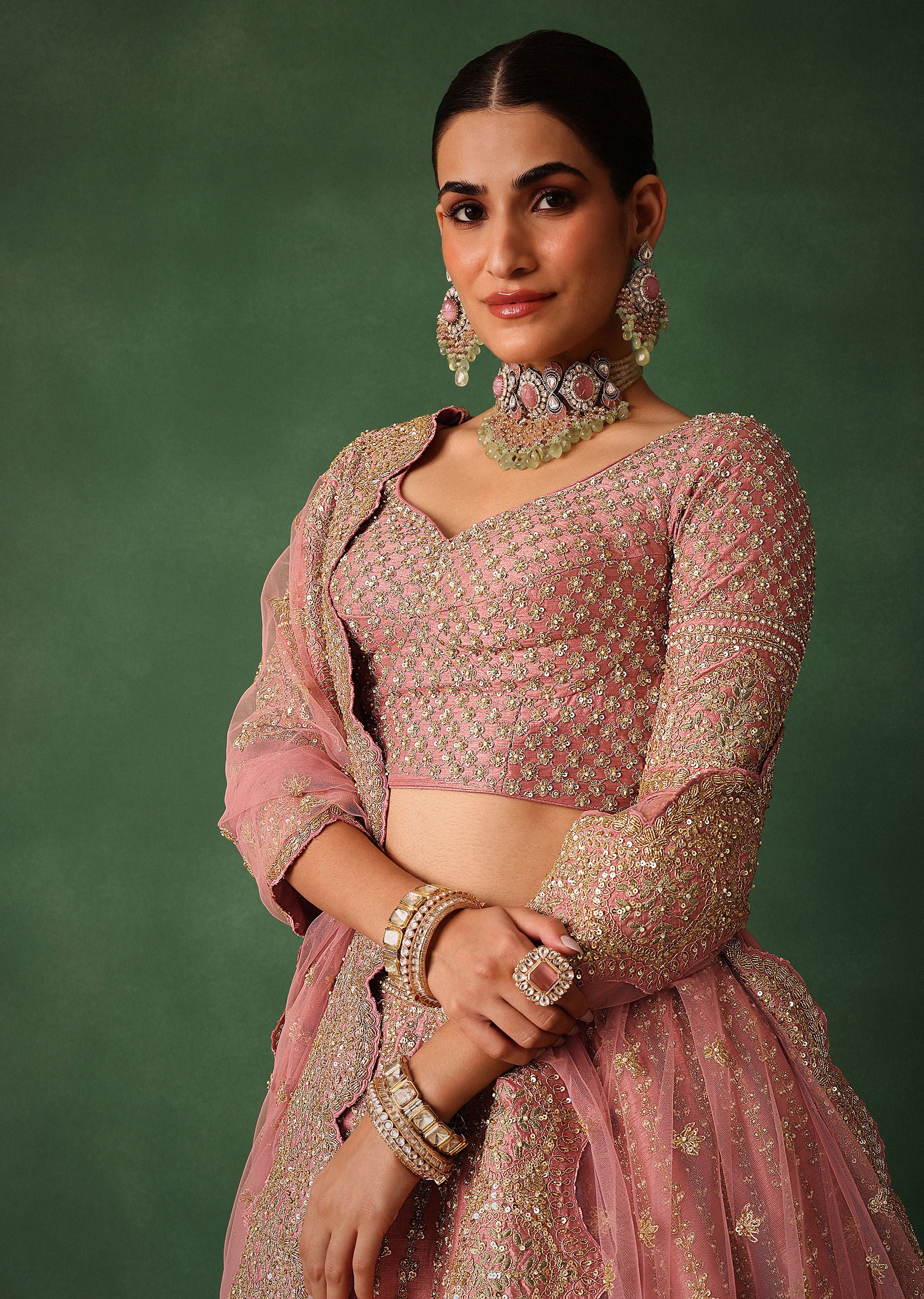 Light Pink Raw Silk Hand Embroidered Lehenga Set - Image 4