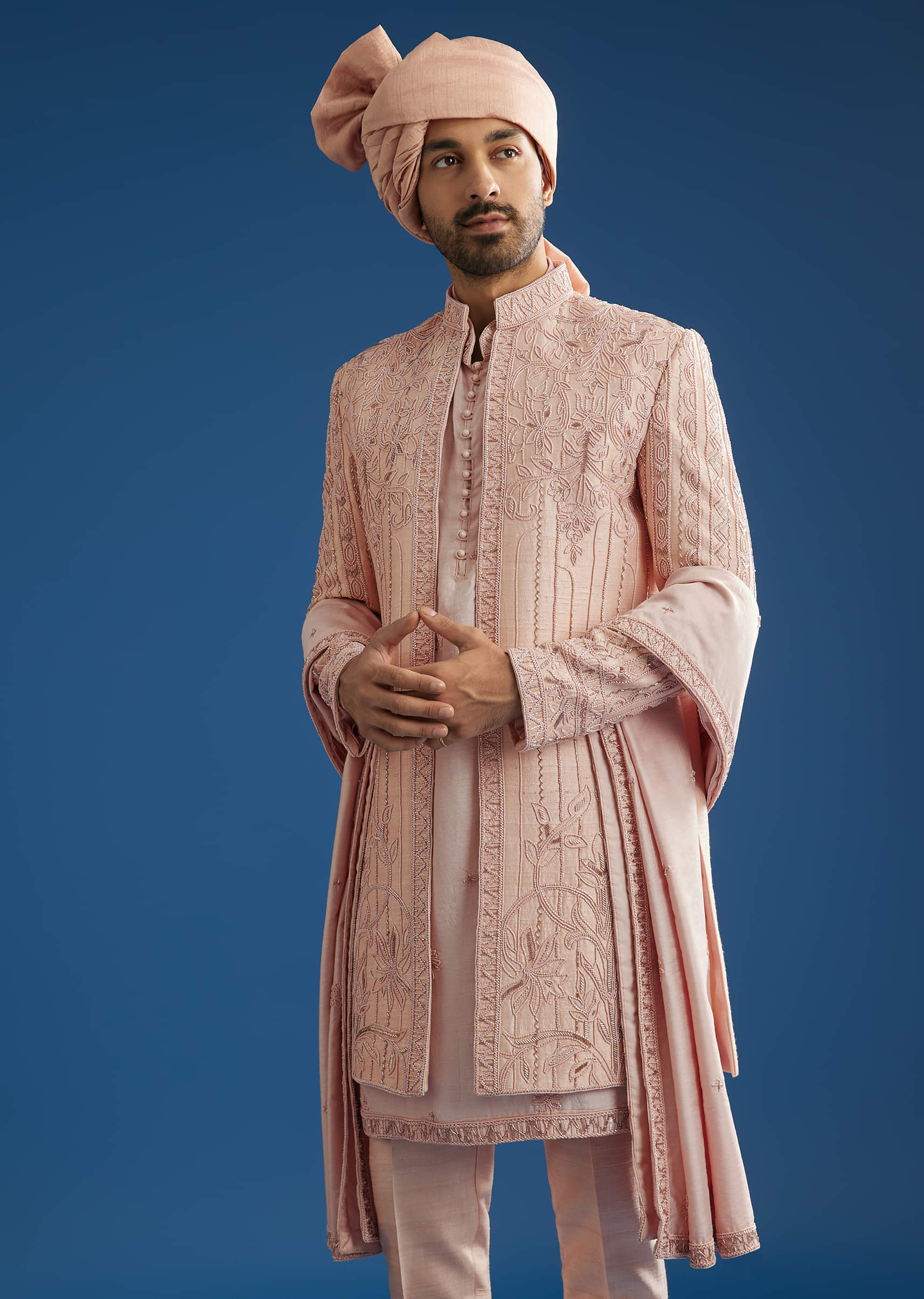 Light Pink Raw Silk Sherwani Set With Hand Work In Chanderi And Dola Silk - Image 2