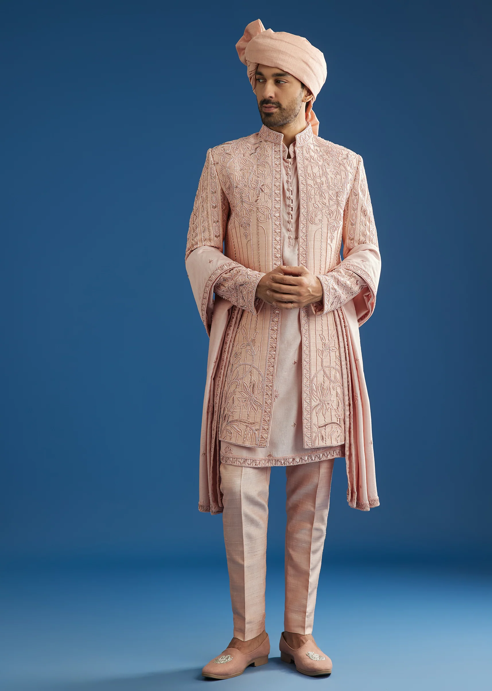 Light Pink Raw Silk Sherwani Set With Hand Work In Chanderi And Dola Silk - Image 3