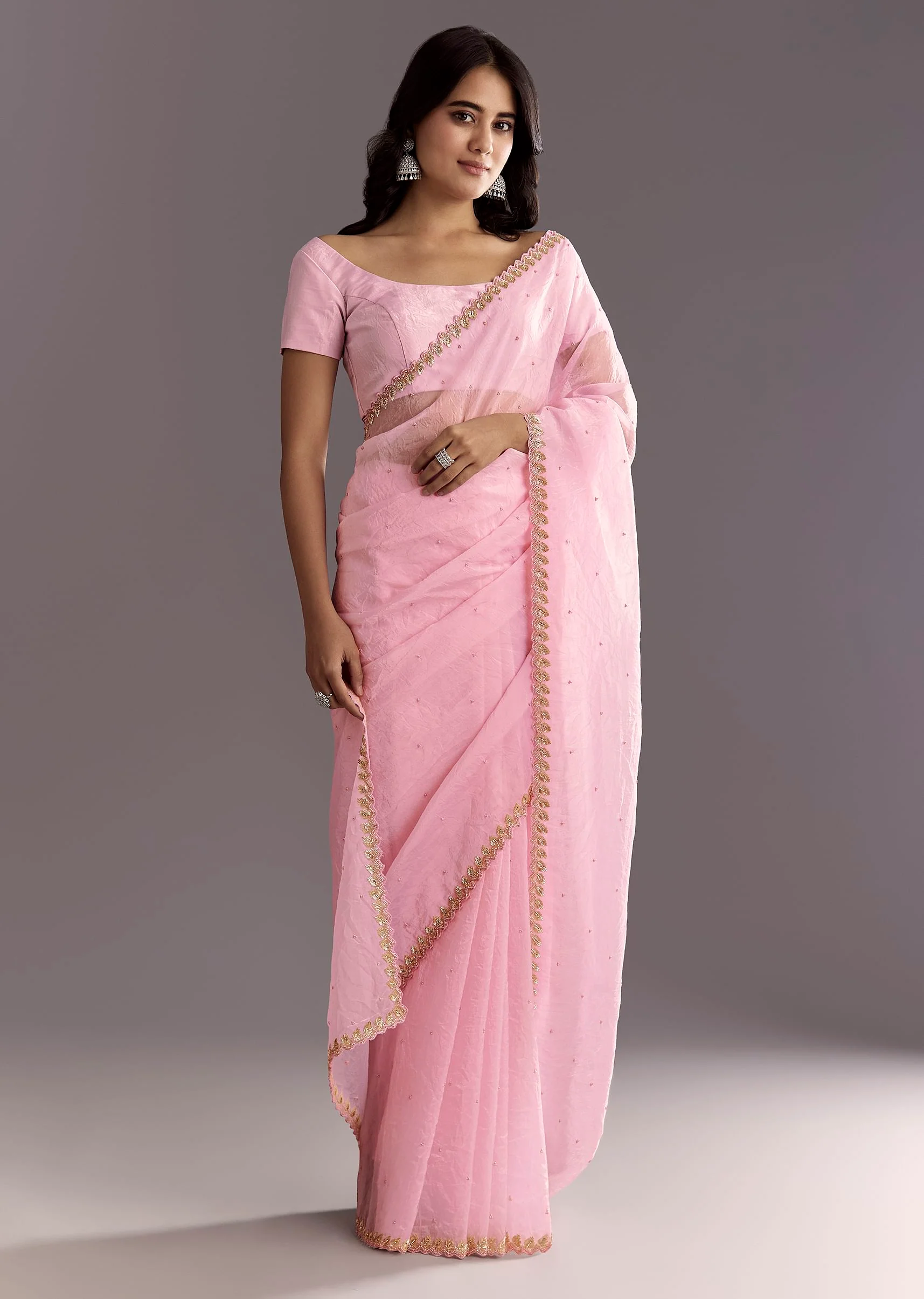 Light Pink Tissue Embroidered Saree With Cutwork Scallop Border