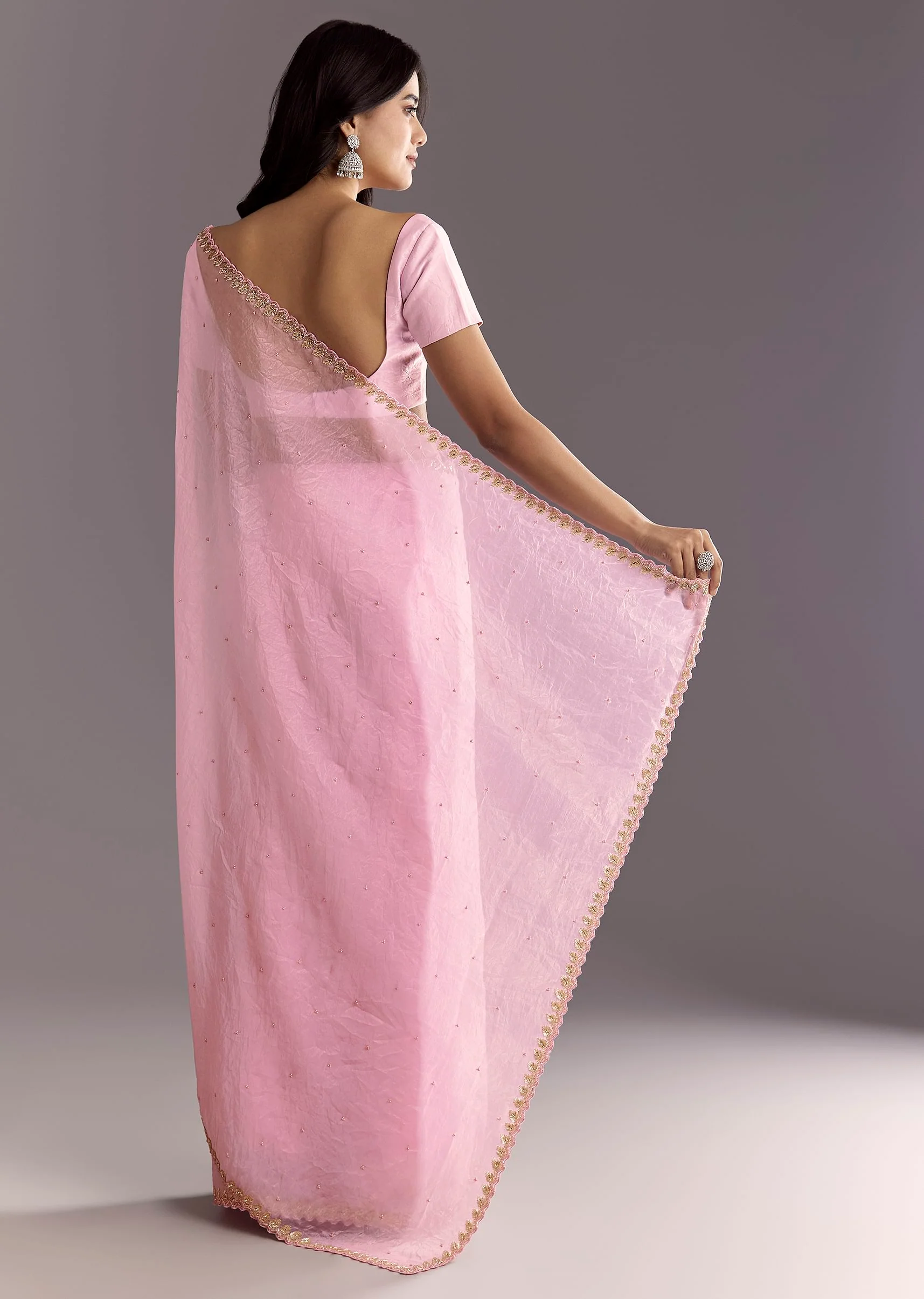 Light Pink Tissue Embroidered Saree With Cutwork Scallop Border - Image 6