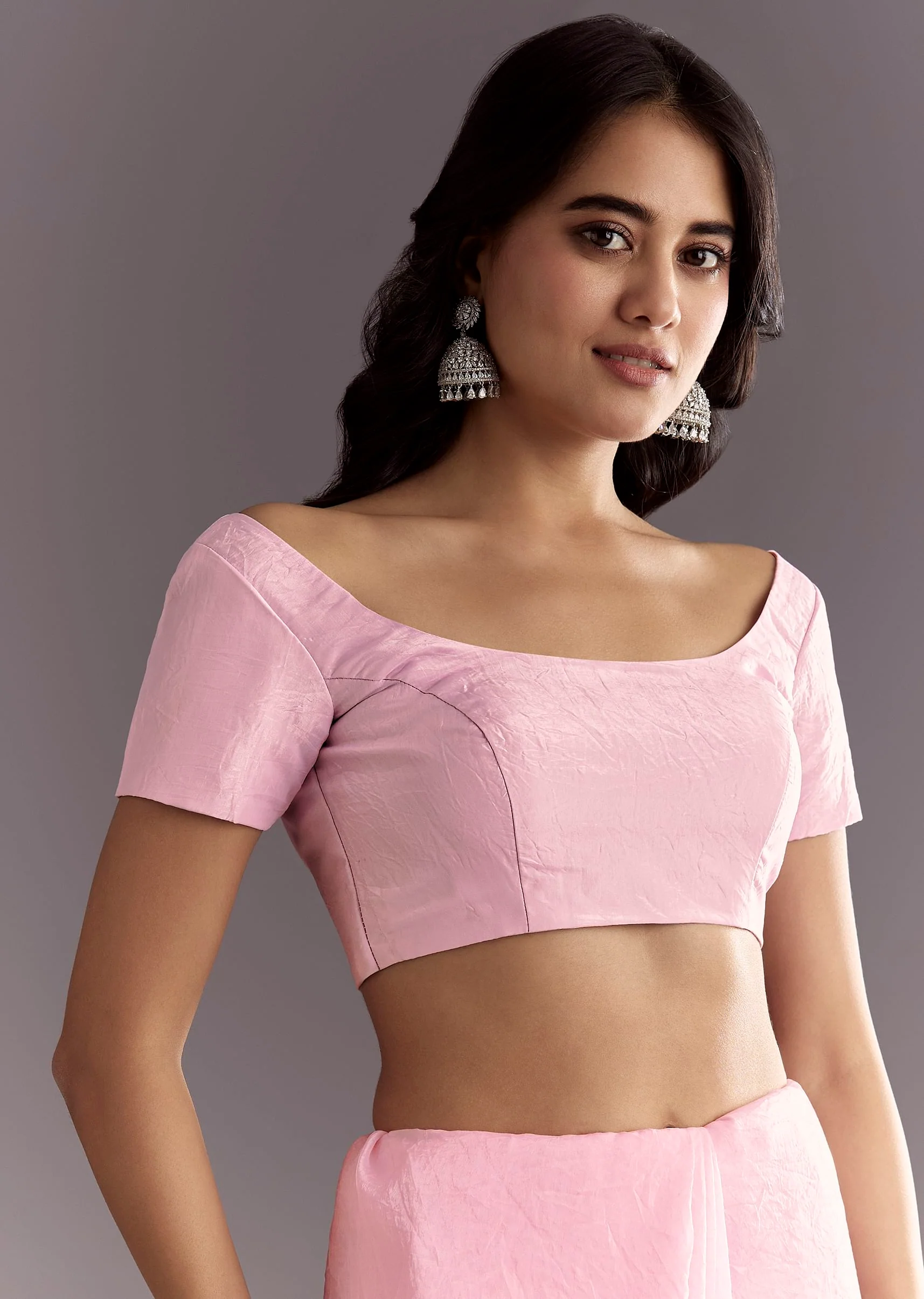 Light Pink Tissue Embroidered Saree With Cutwork Scallop Border - Image 7