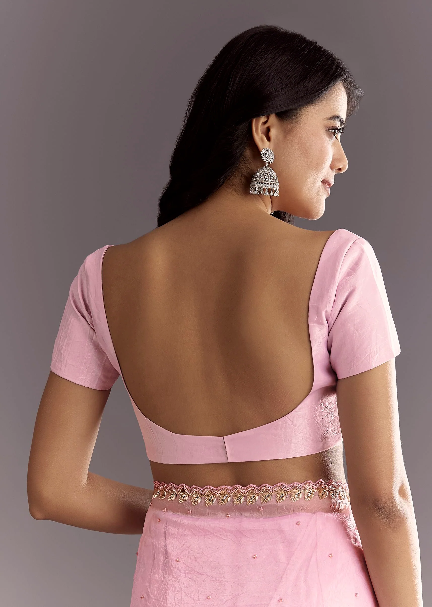 Light Pink Tissue Embroidered Saree With Cutwork Scallop Border - Image 8