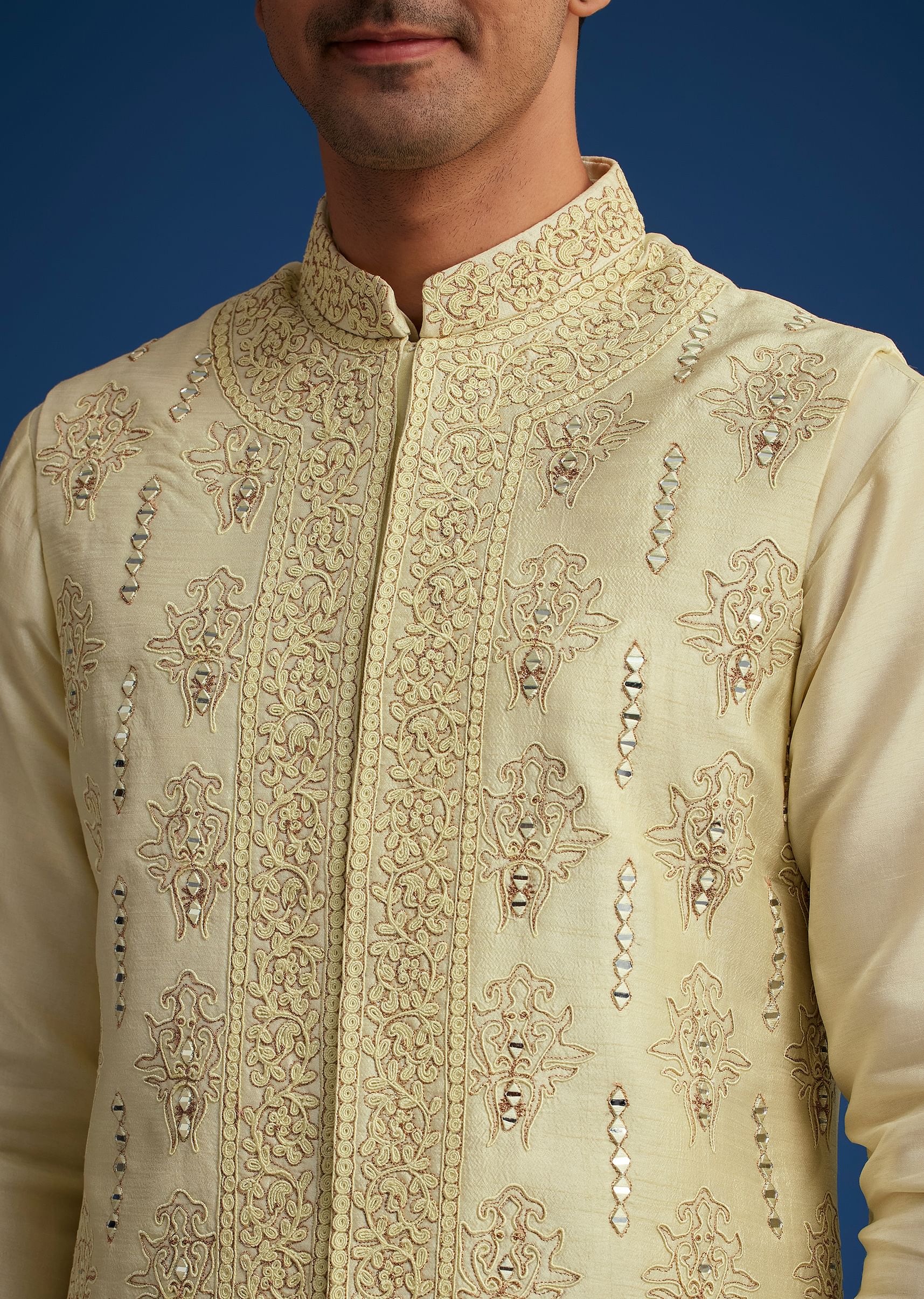Light Pista Silk Kurta Set With Thread And Mirror Work Jacket - Image 2