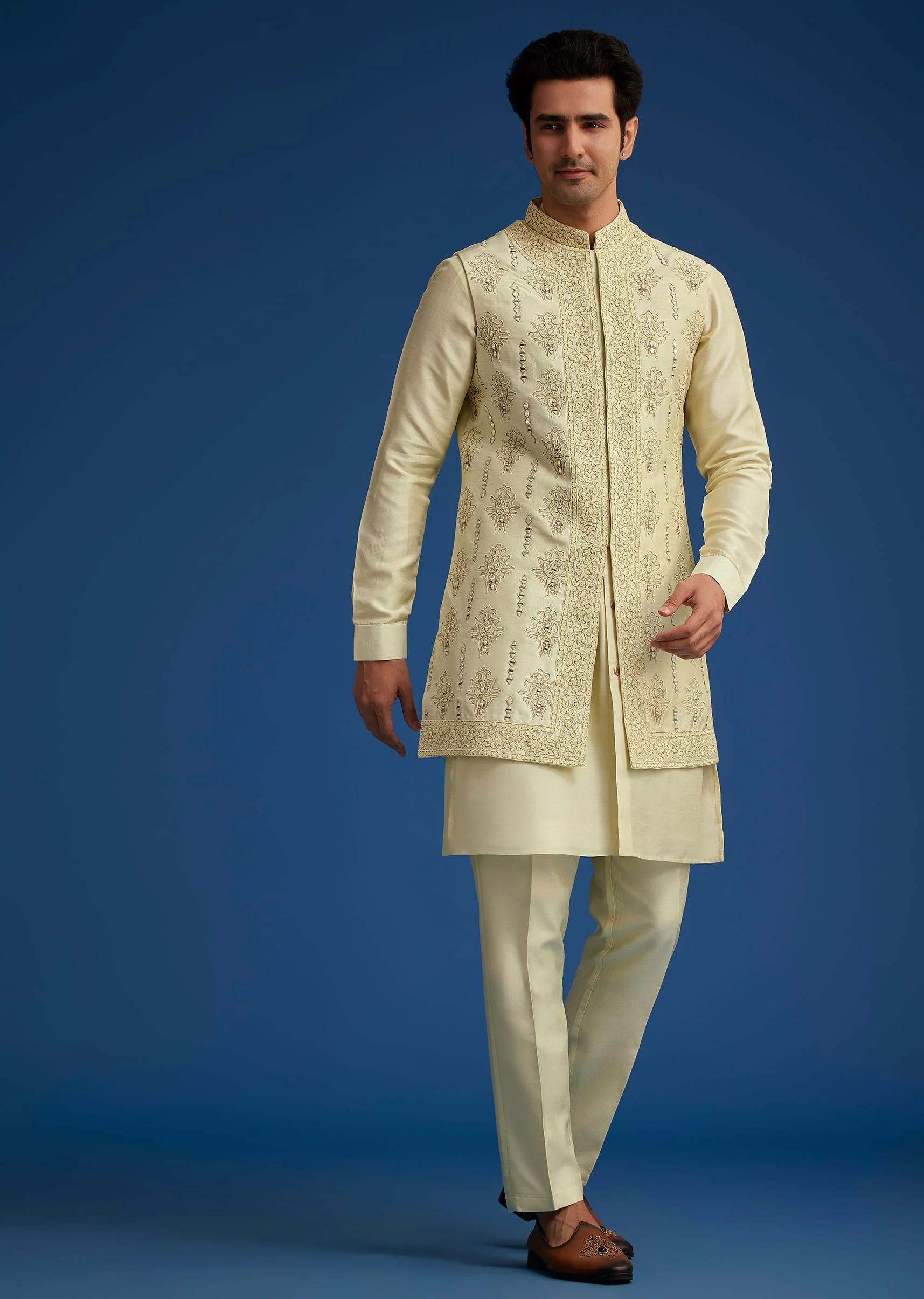 Light Pista Silk Kurta Set With Thread And Mirror Work Jacket - Image 3
