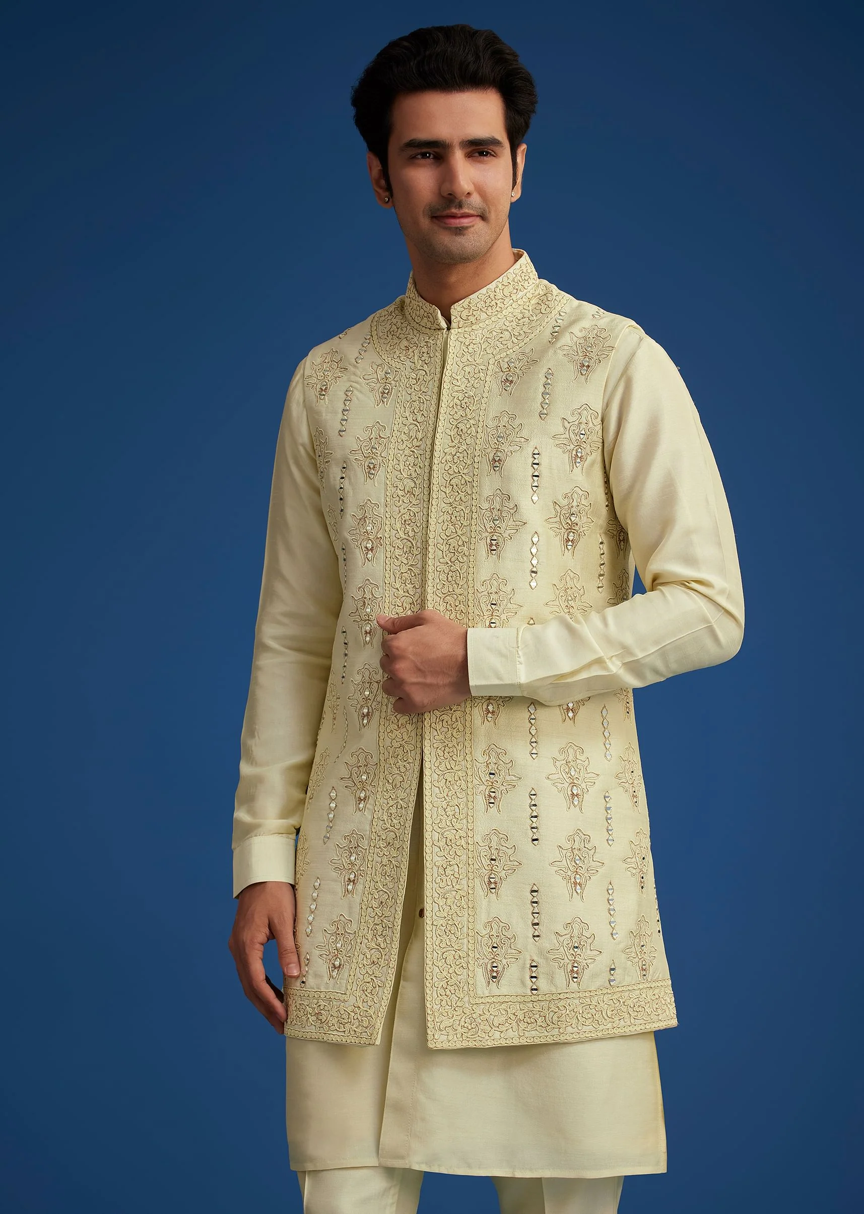 Light Pista Silk Kurta Set With Thread And Mirror Work Jacket - Image 4
