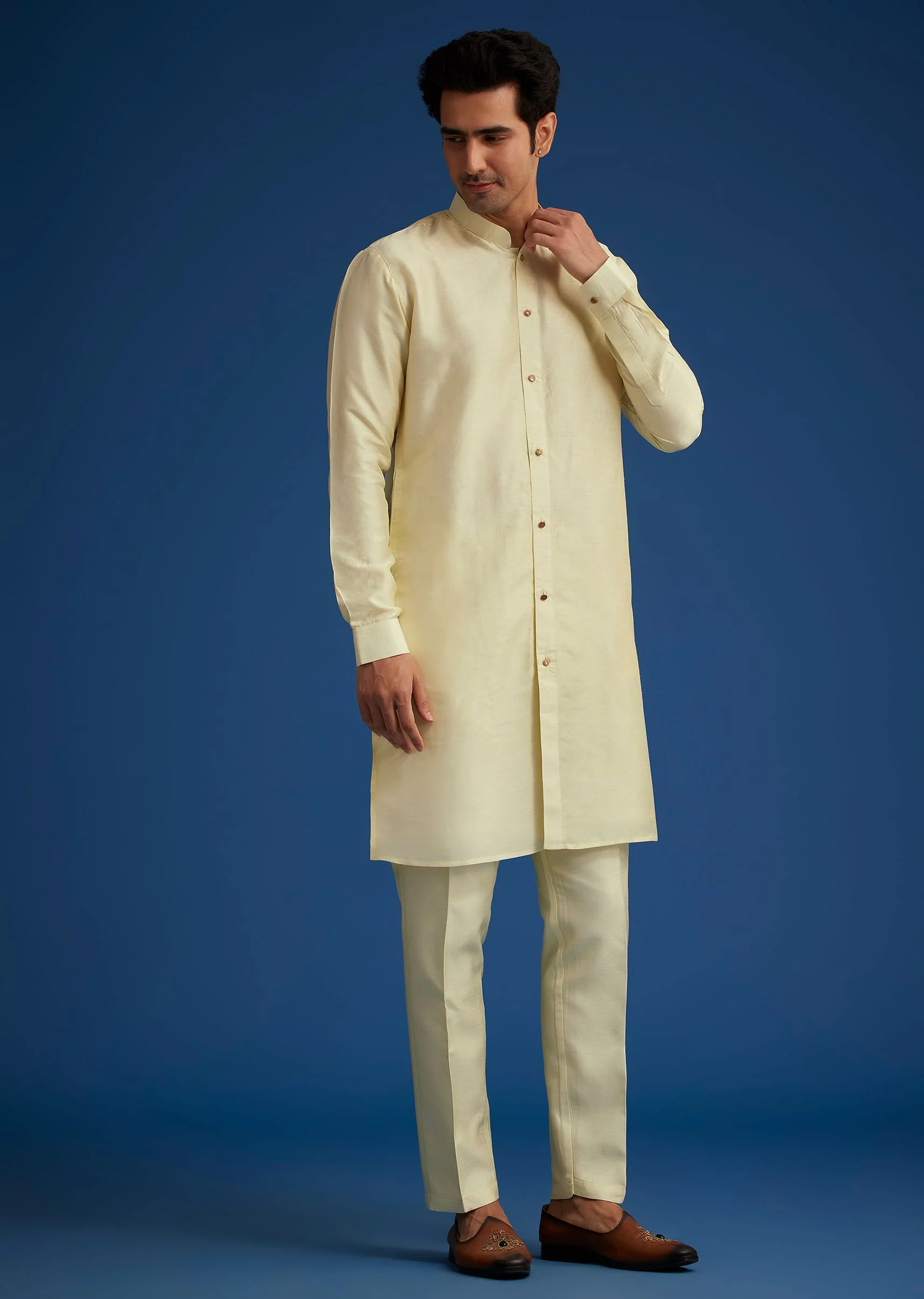 Light Pista Silk Kurta Set With Thread And Mirror Work Jacket - Image 6