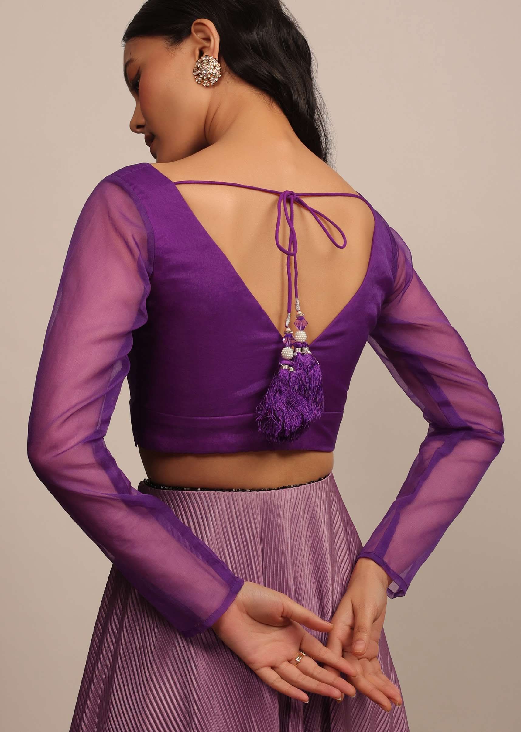 Light Purple Blouse In Organza With V Neckline - Image 2