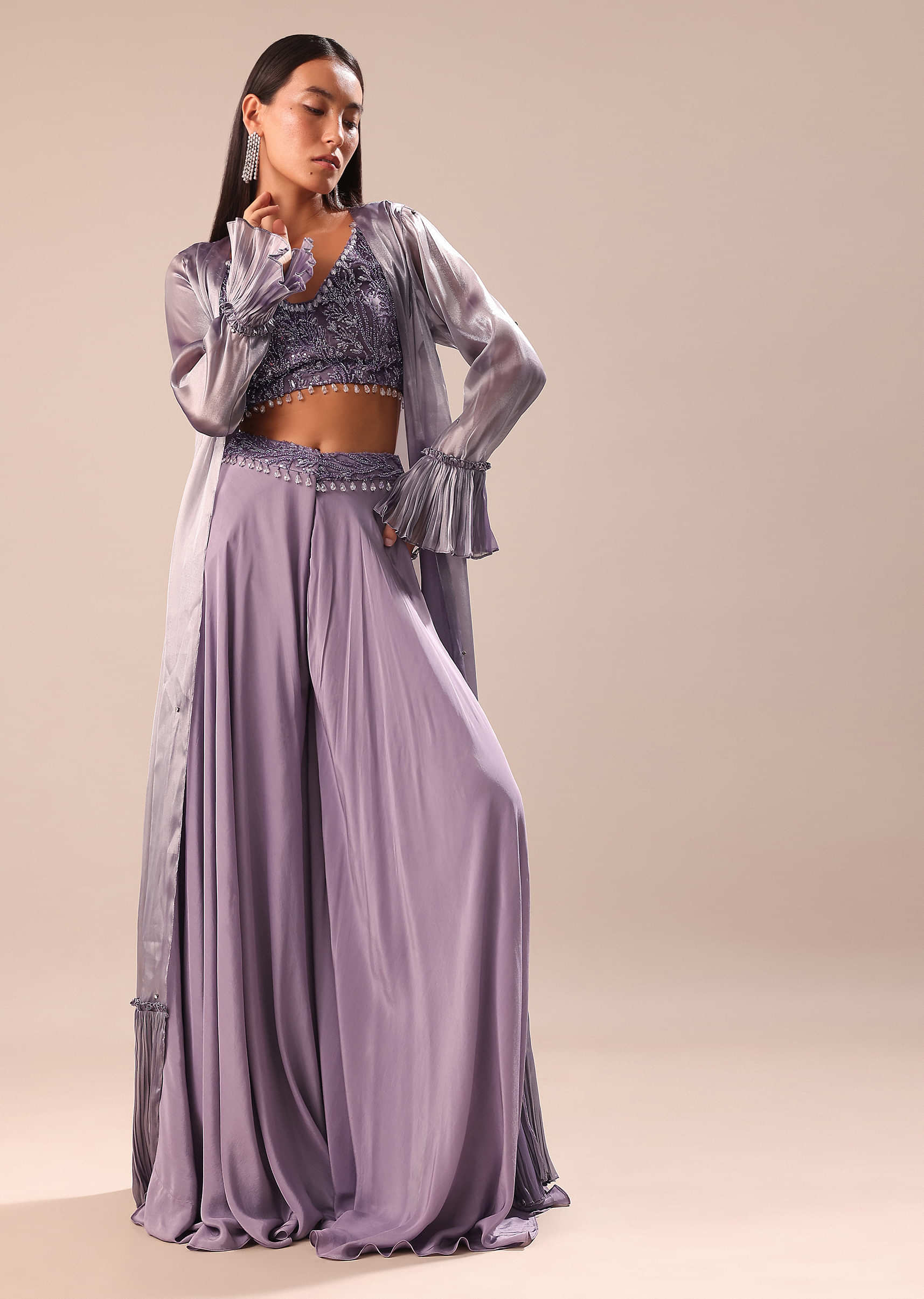 Light Purple Palazzo With Embroidered Blouse And Jacket - Image 2