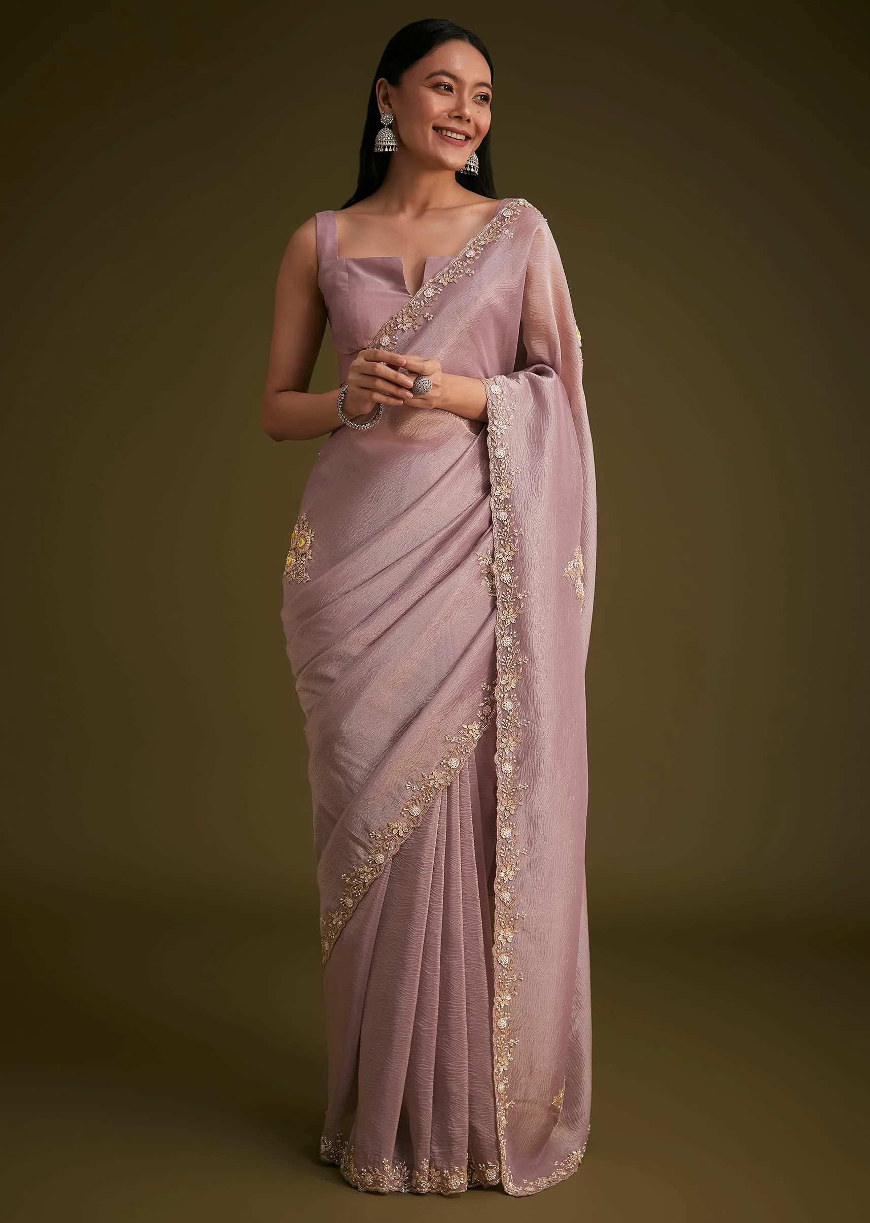 Light Purple Tissue Saree With Floral Embroidery - Image 2