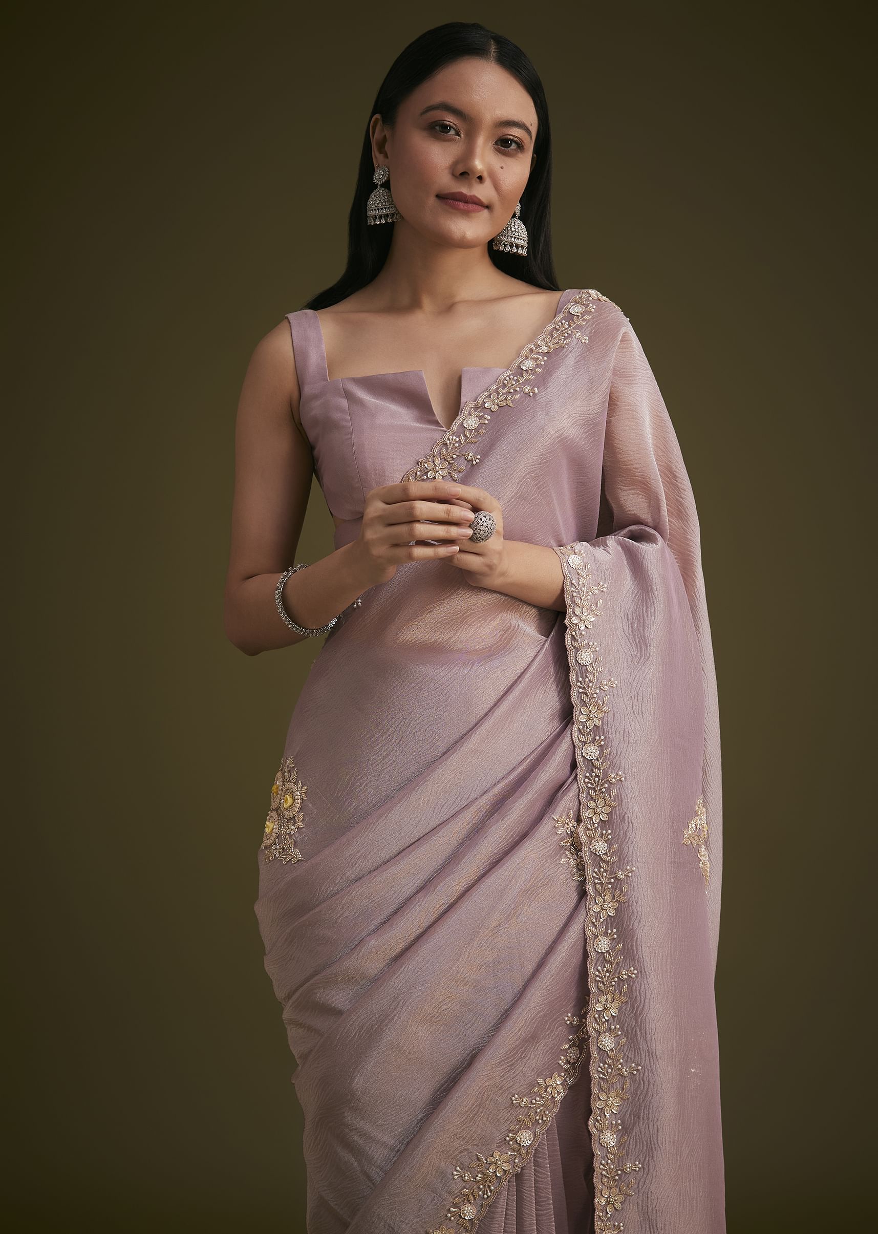 Light Purple Tissue Saree With Floral Embroidery - Image 3