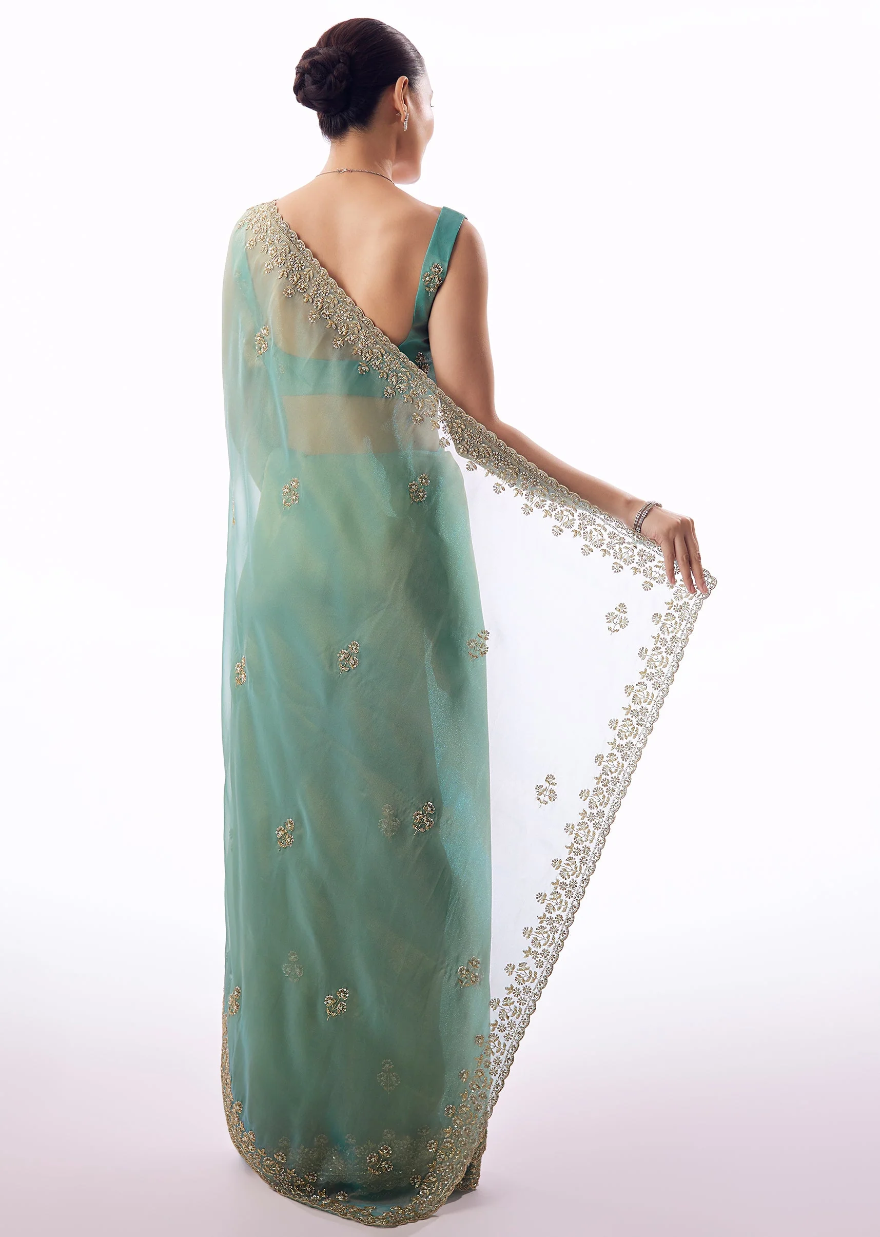 Light Turquoise Blue Tissue Saree And Cutdana Sequin Bead Embroidered Borders - Image 4